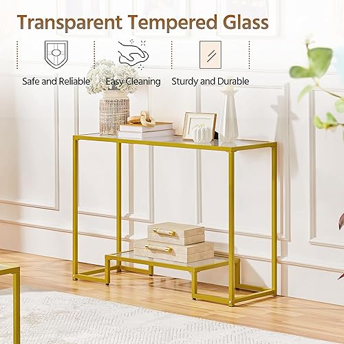 Miniatura 5 de Topeakmart Mesa de consola de 42 pulgadas, mesa de sofá estrecha de vidrio templado, mesa de entrada de 2 niveles con estantes de almacenamiento y