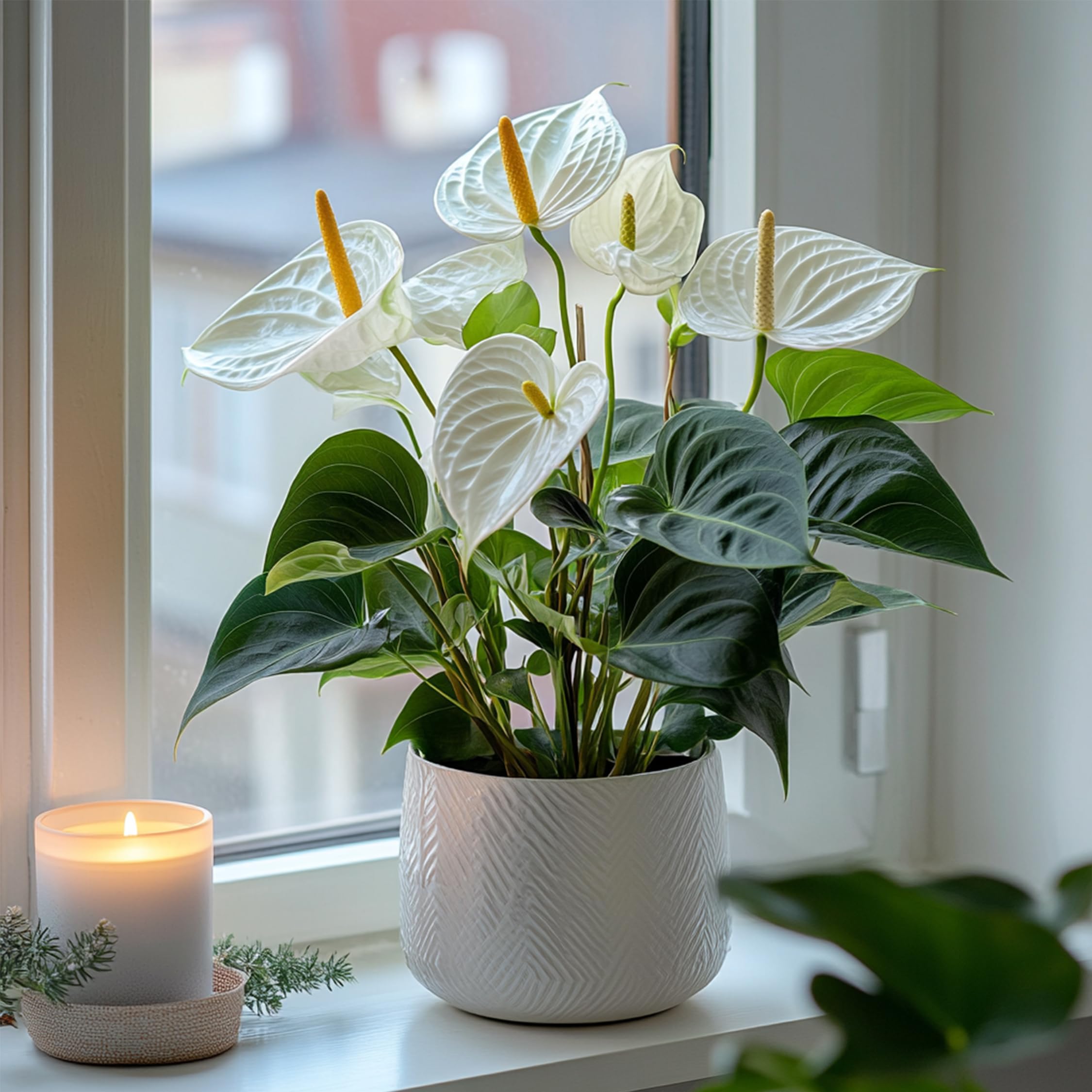 Plant in a Box - Biały anthurium - Zestaw 1 - Anthurium 'Alpine White' - Wysokość 40-55cm - ø 14cm - Roślina doniczkowa kwitnąca - Biały