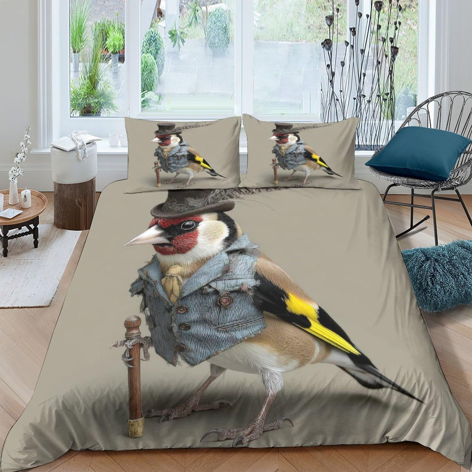 GPLZQXKJNH 3D Printed Bird with Hat Duvet Cover Set Microfiber Soft Breathable Goldfinch Bedding for Bedroom Decor 2 Pillowcases Single（135x200cm）
