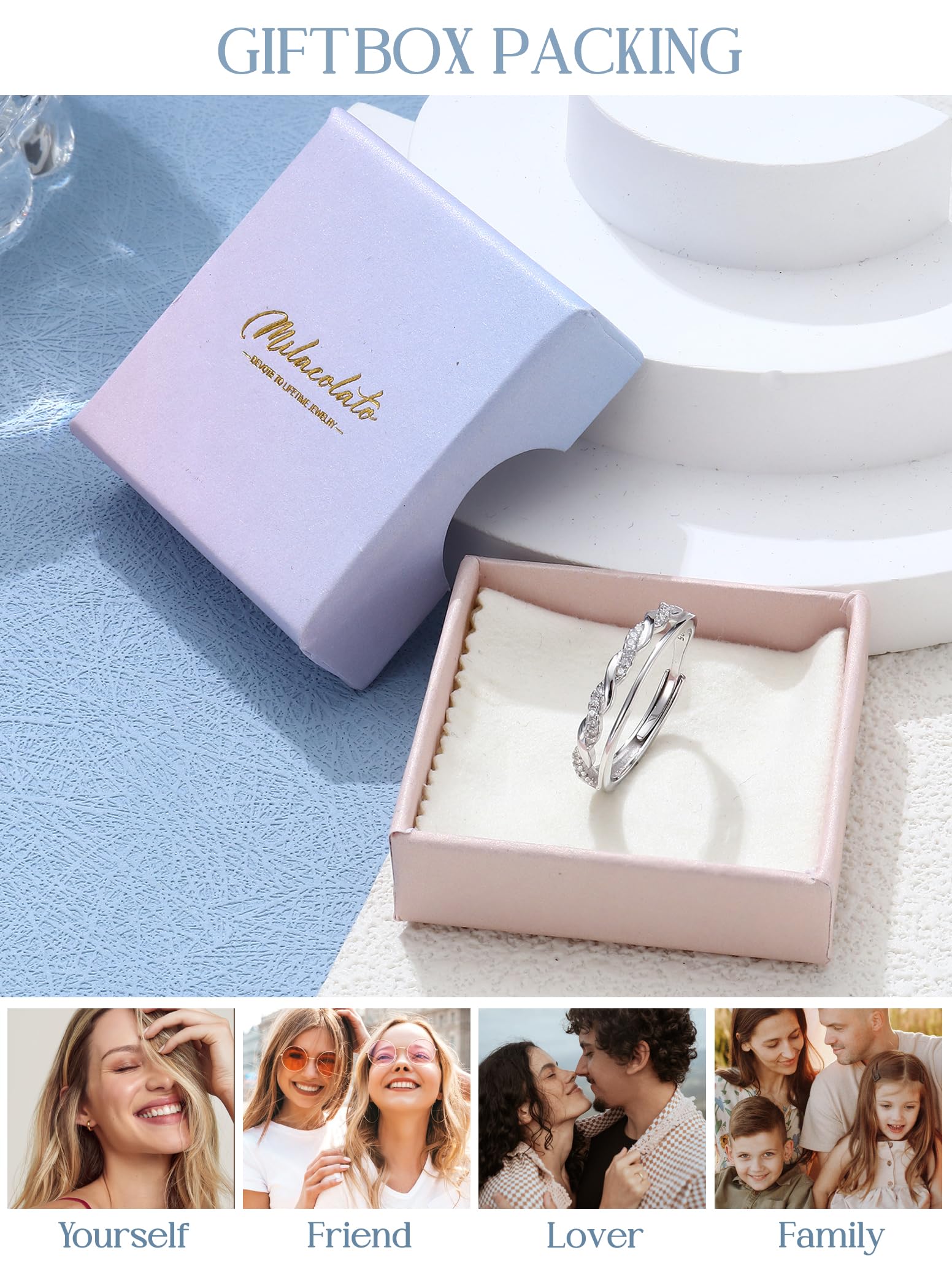 MILACOLATO 925 Bague en Argent Sterling Délicate Torsadée Zircone Cubique éternité Promesse Alliance Bague Bague de pouce Réglable Bague en Or Rose Or Argent Bague pour Femmes Dames Filles