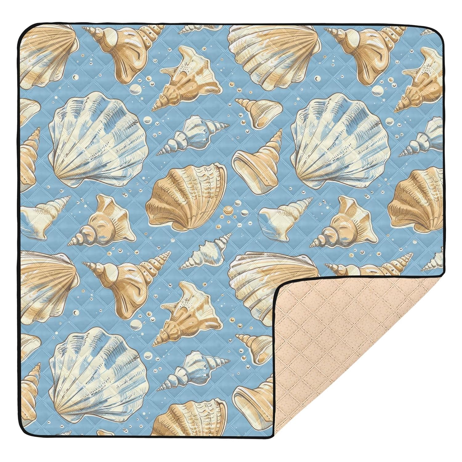 Baby Play Mat Yellow Seashells Blue 50 x 50 Playpen Mats for Floor Play Gym Crawling Mat Non-Slip Cushioned Baby Playmat for Infants, Babies, Toddlers