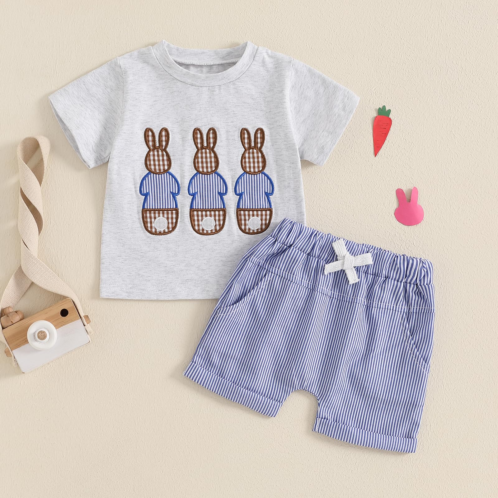 BABWWNIX Toddler Baby Boy Summer Outfit Bunny Print Short Sleeve T Shirt + Elastic Shorts Set Cute 2Pcs Easter Clothes Sets (Gray, 12-18 Months)