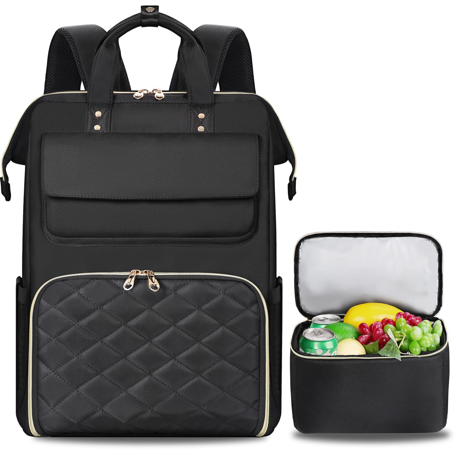 BERTASCHE Zaino per il pranzo e laptop, da donna, 15,6 pollici, con borsa termica isolata, zaino da lavoro 2 in 1, per donne, lavoro, viaggi, insegnanti, scuola, università, colore nero