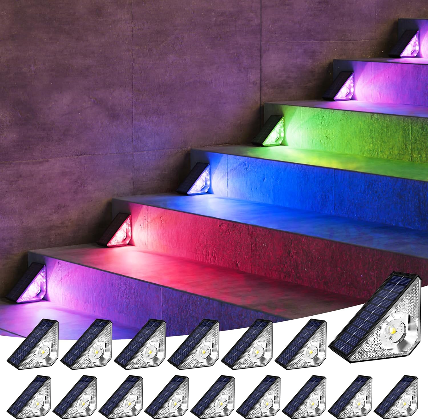 JACKYLED 16 Pack Outdoor Solar Stair Lights Waterproof, Solar Steps Lights Outdoor, Auto On Off Solar Stair Lights, Warm & RGB Color Changing Triangle Decor Lights for Steps in Patio Garden Yard