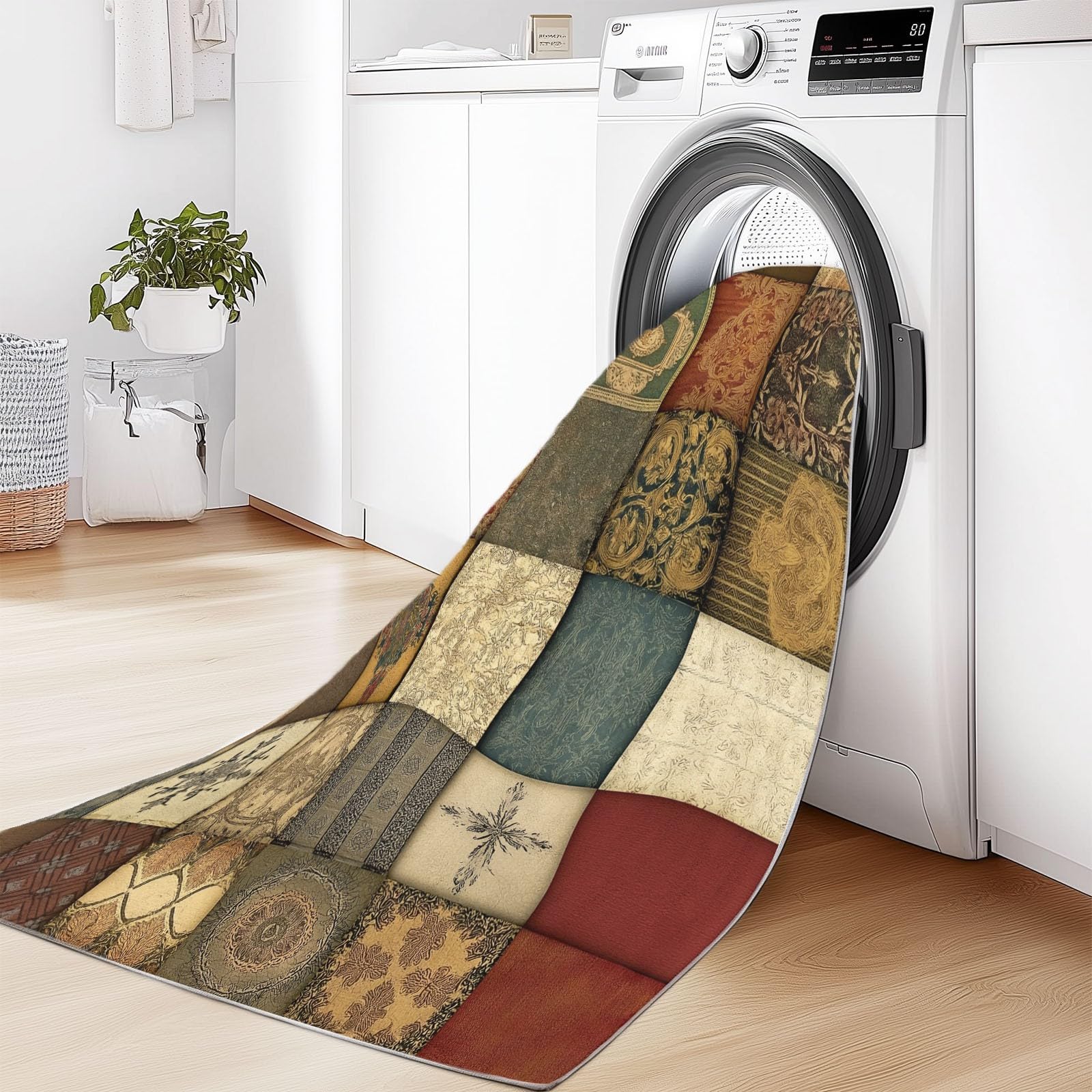 Bunter Patchwork Teppich 80 x 150 cm | Retro-Textur-Druck auf weichem Flanell Pflegeleichter, Rutschfester Bodenteppich, der eine nostalgisch-gemütliche Aura im Schlafzimmer verströmt