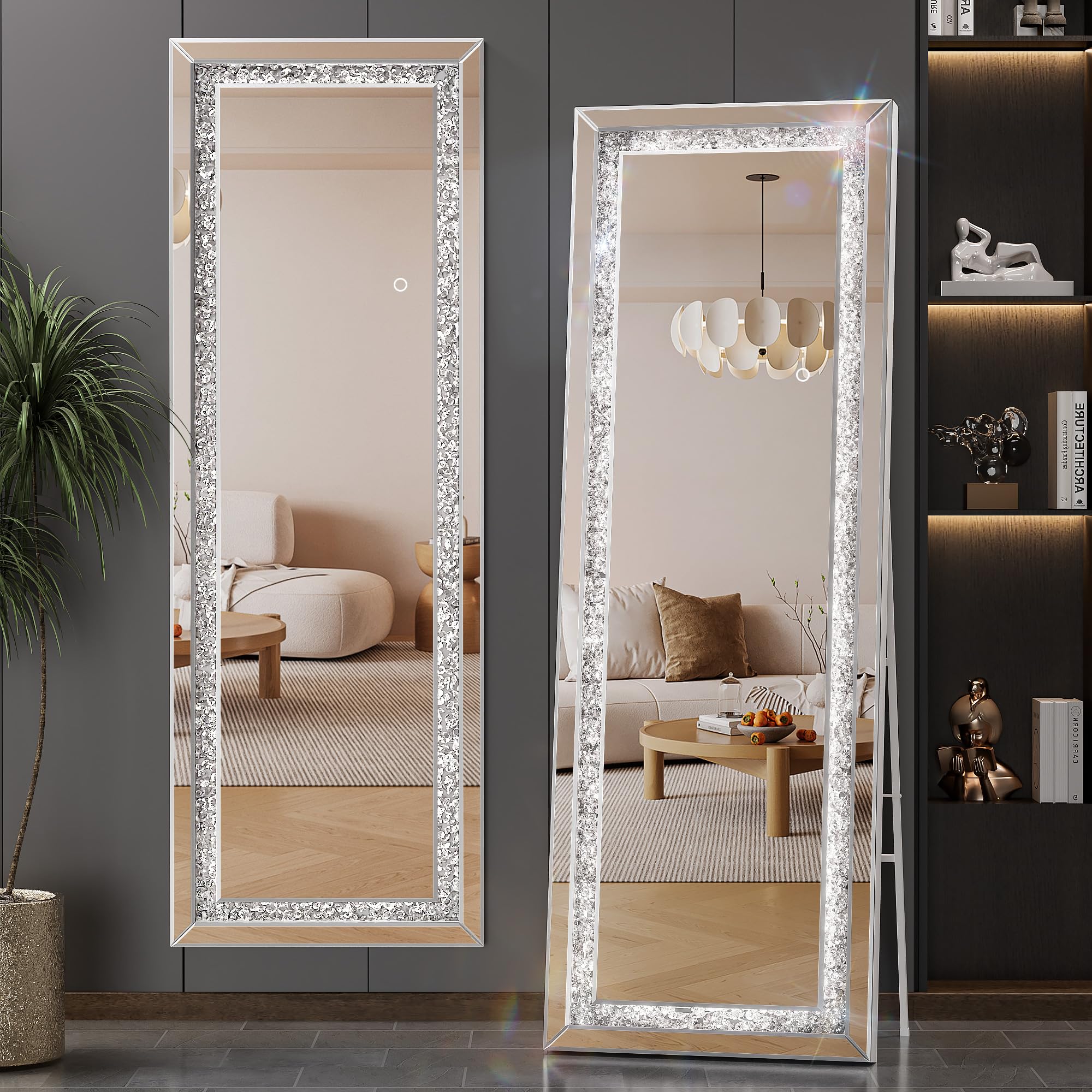 Hasipu Full-Length Mirror 150 X 50cm with Lights and Crystal Crush Diamond, Wall Mounted Hanging Diamond Mirror Leaning for Living Room Bedroom