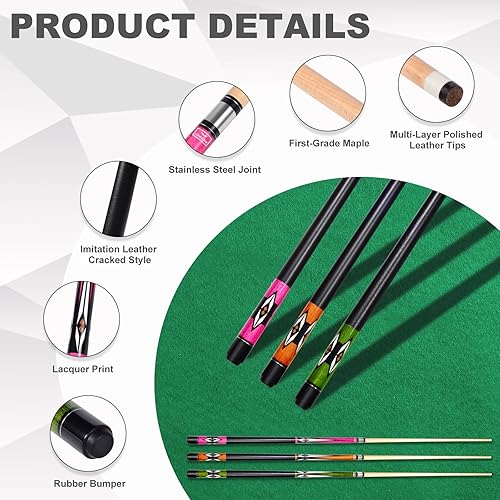 Miniatura 2 de Palo de billar, Pro cue con estuche rígido, juego de tacos de billar de 58 pulgadas, 18-19 onzas, rosanaranjaverde