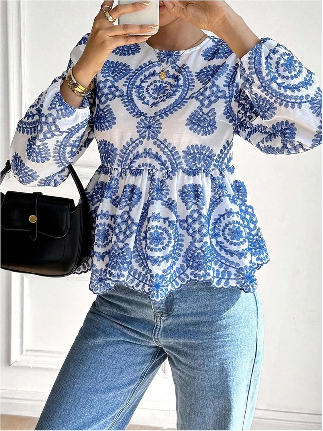 WDIRARA Women's Boho Print Blouse Long Bishop Sleeve Tie Back Ruffle Babydoll Top Shirts