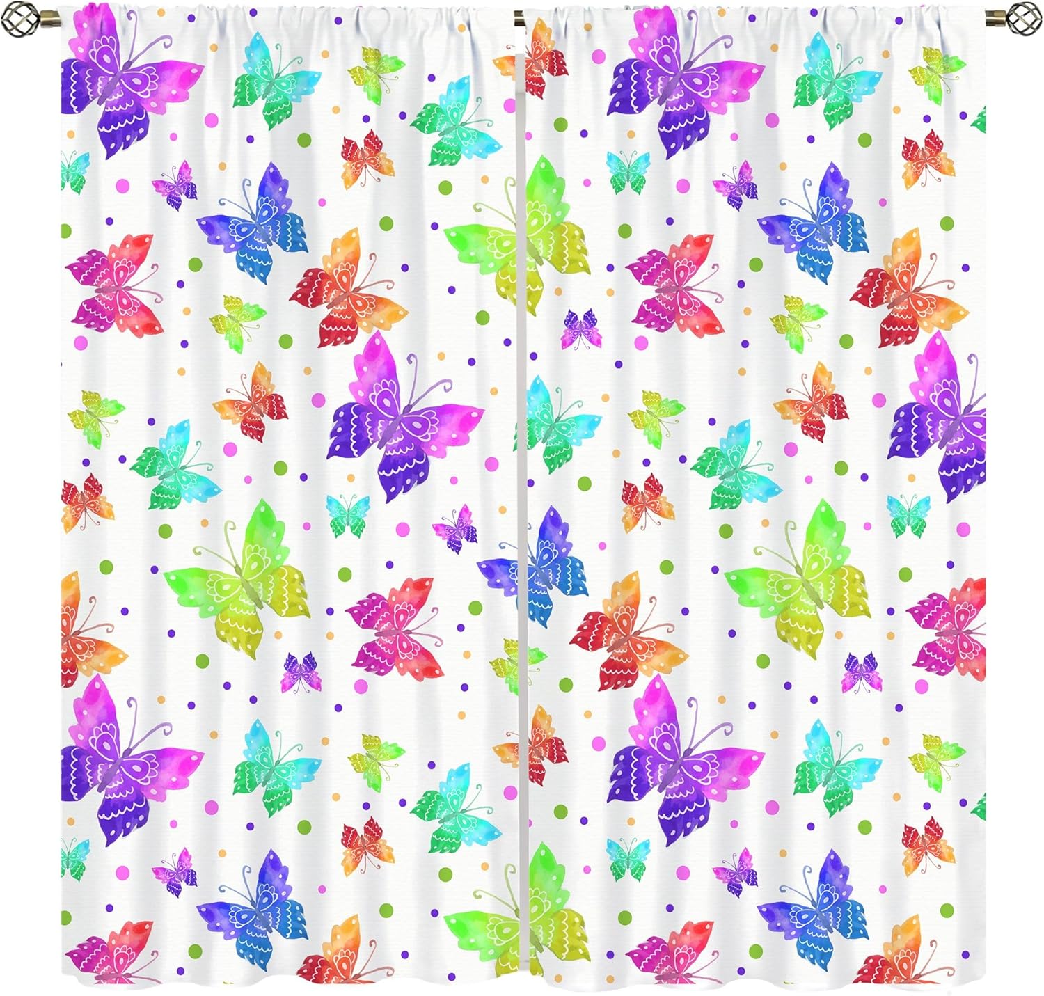 Colorful Butterfly Curtains, Watercolor Colorful Window Treatments for Kids Girls Bedroom Nursery Room Kitchen Rod Pocket Windows Treatments Door, 42x45 Inch 2 Panels