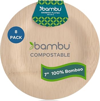 Bambu, Disposable Bamboo Round Plates 7 Inch, Organic, Biodegradable, Eco Friendly, Veneerware Wedding and Party Plates, 100% Natural - 7", Pack of 8