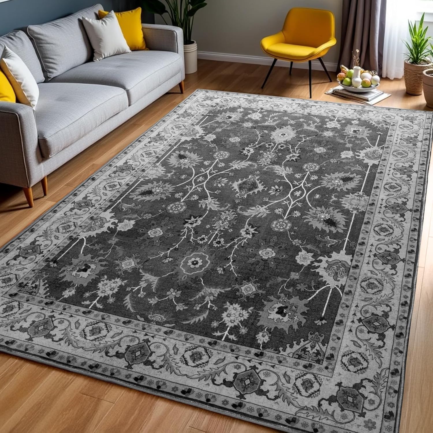 Area Rug 5x7, Washable Faux Wool Throw Rugs for Living Room, 0.3″ Non Slip Low Pile Vintage Boho Carpet for Ding Room, Home Office, Bedroom, Kids Room, Bedside (Black)