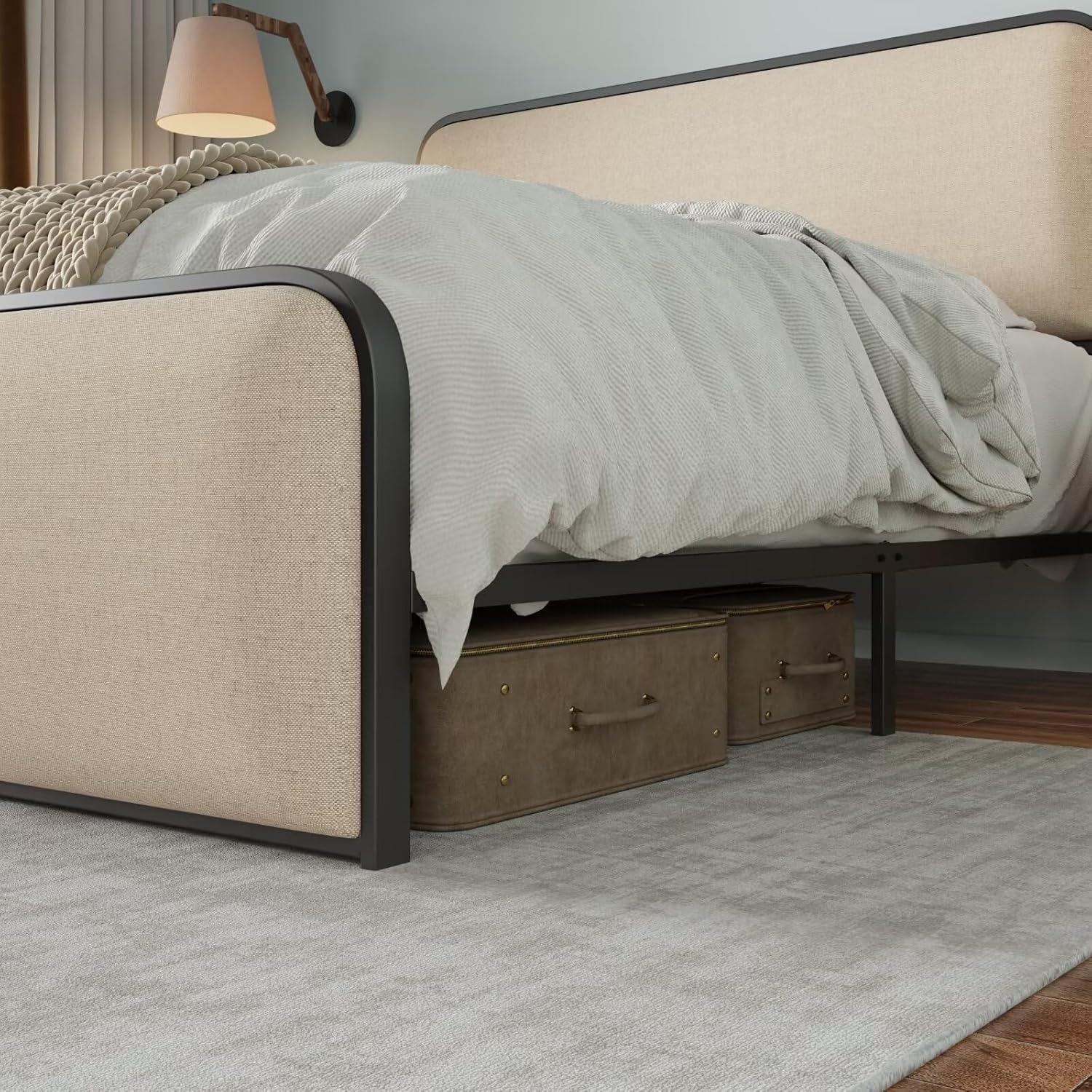JIJIWANG Modern Metal Bed Frame with Curved Upholstered Headboard and Footboard Bed with Under Bed Storage, Heavy Duty Metal Slats, Queen Size, Beige