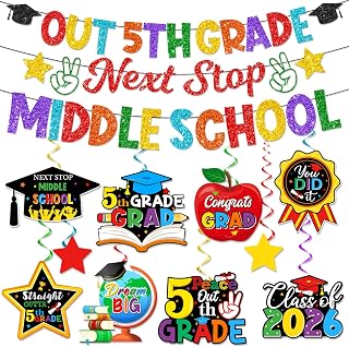 Fifth Grade Graduation Decorations-5th Grade Graduation Banner,Elementary School Classroom Party Decorations,2026 School Sign Hanging Swirls Supplies for Boys & Girls