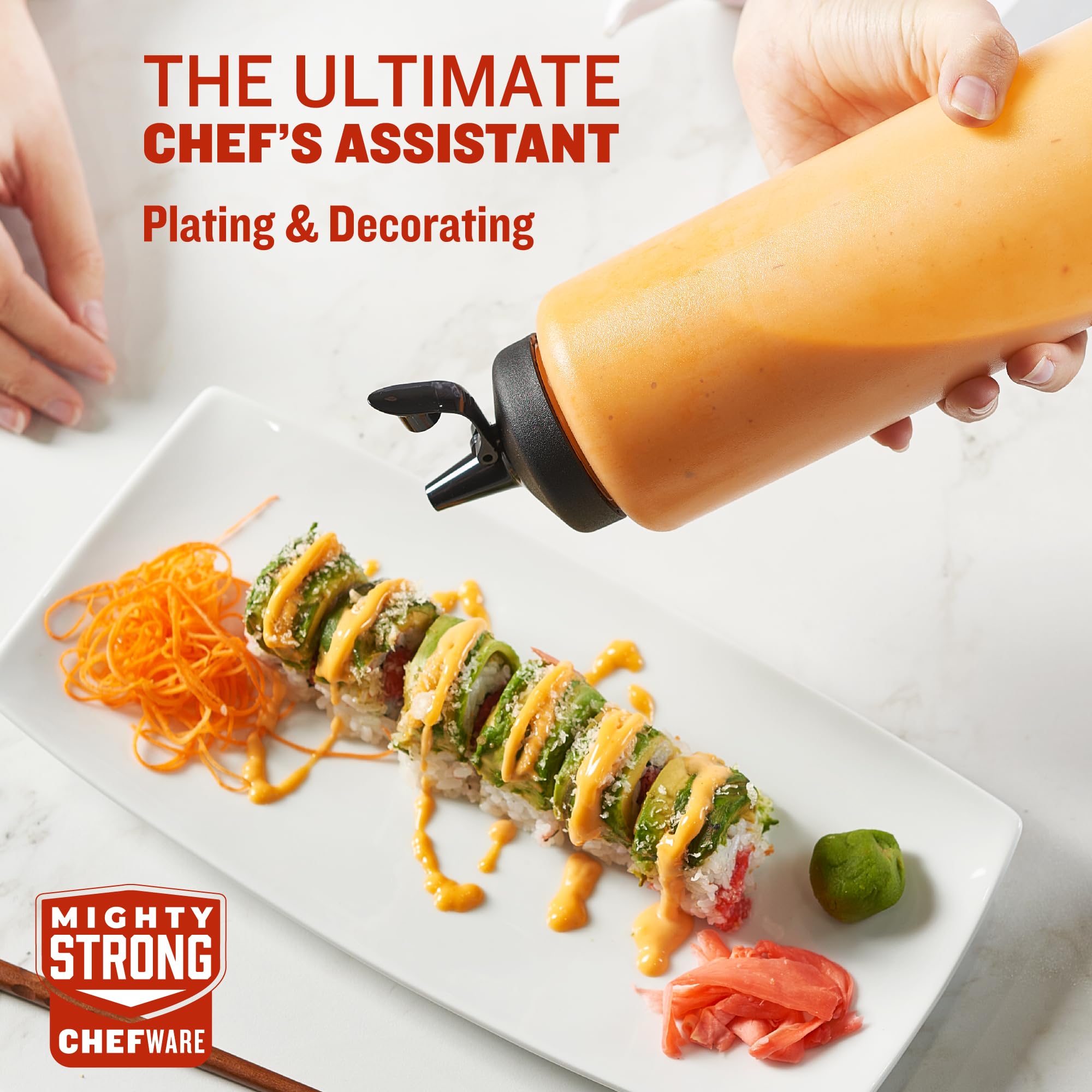 MIGHTY STRONG Paquete de 4 botellas exprimibles de condimentos de 32 onzas, botellas de salsa fáciles de verter con tapa a prueba de fugas, botellas de plástico para salsas, botellas de condimentos,