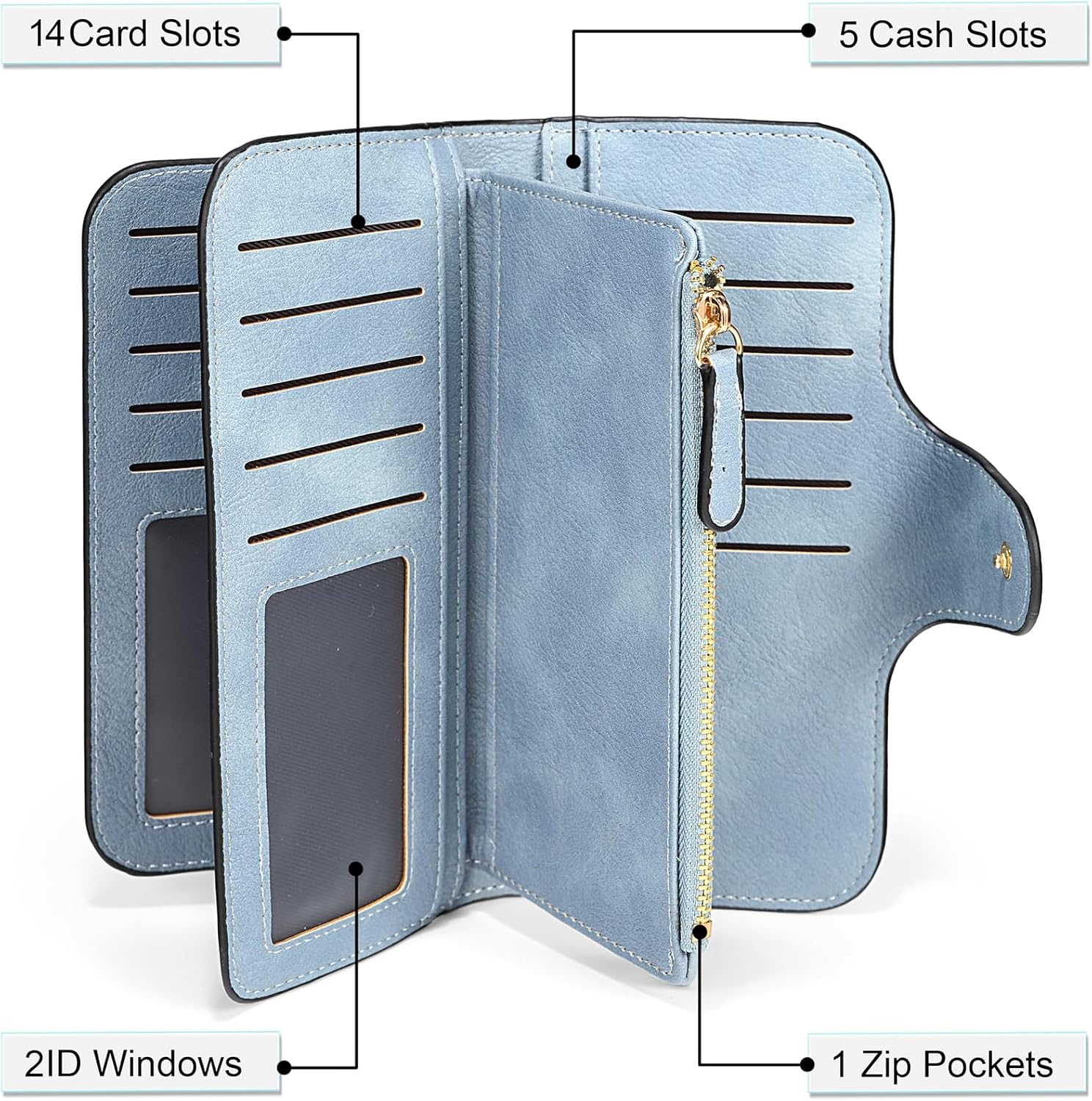 Slim Wallet for Women Trifold Long Leather Clutch Credit Card Holder (Blue) image 5