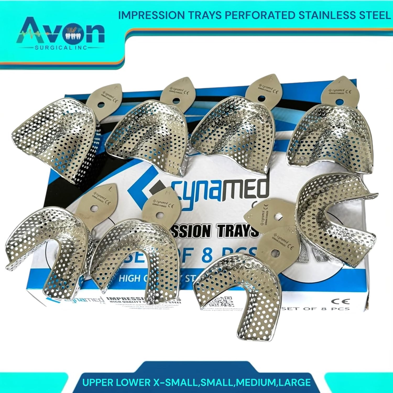Dental Denture Impression Trays - Reusable Multi-Size Bundle Restorations Autoclave-Safe German Stainless Steel (XS,S,M,L - Perforated - 8PK) image 4