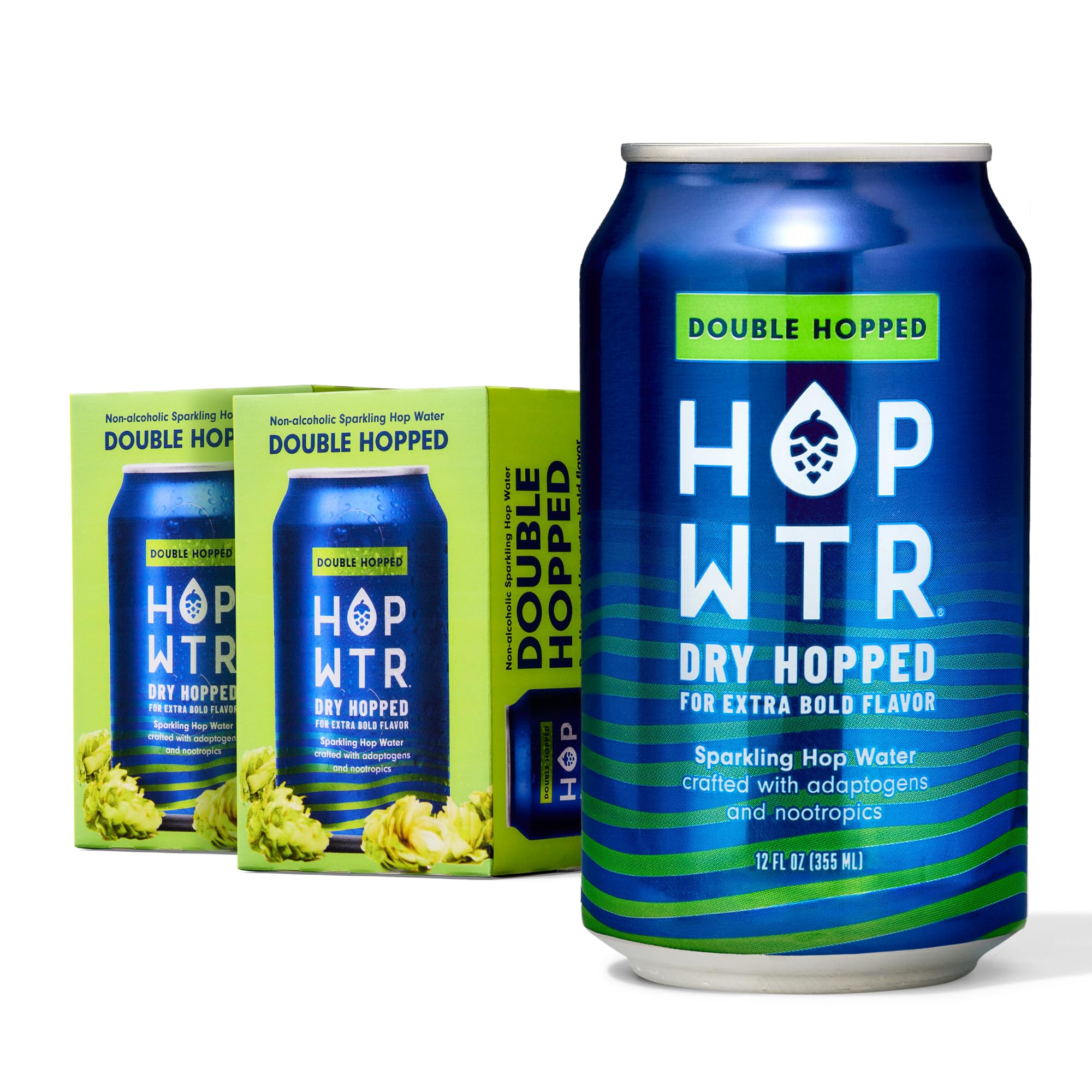 HOP WTR Double Hopped Sparkling Hop Water, Zero Calories, Non-Alcoholic with Adaptogens and Nootropics, Sugar Free, Gluten Free, 12 oz Cans, 12 Pack