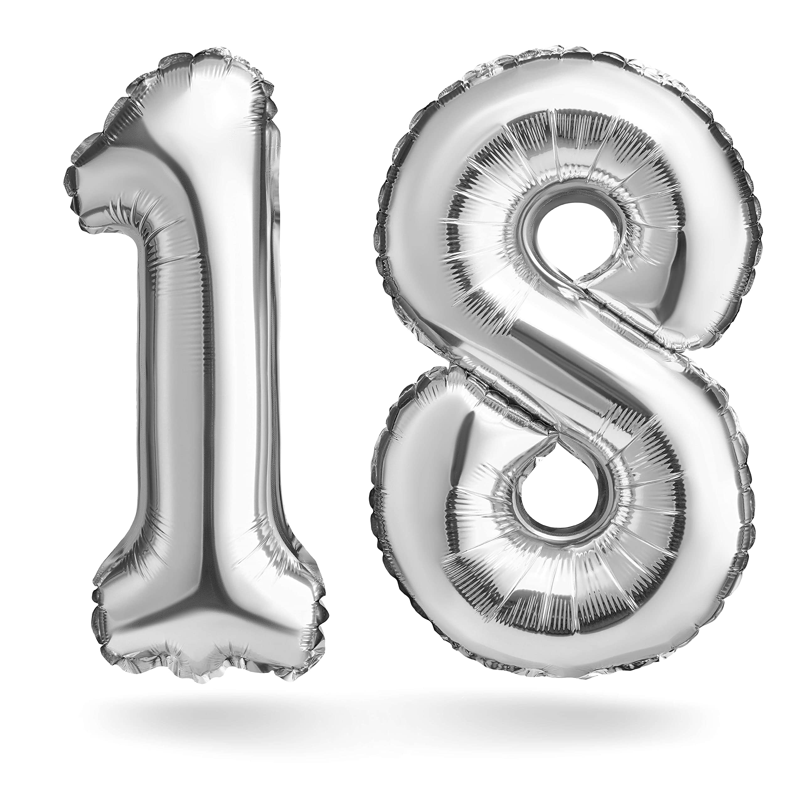 Number balloon, silver, 40 cm, birthday decoration, children's birthday decoration, anniversary, gift foil balloon for air or helium as birthday, wedding graduation party decoration (number set 18)