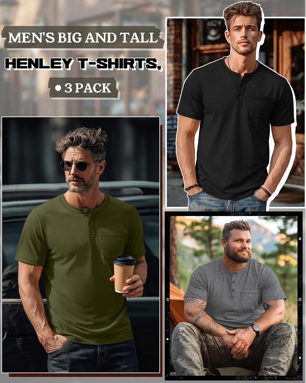 Riyiper 3 Pack Men's Big and Tall Henley T-Shirts, Short Sleeve Pocket Cotton Loose Fit Shirt Summer Oversized Button Tee