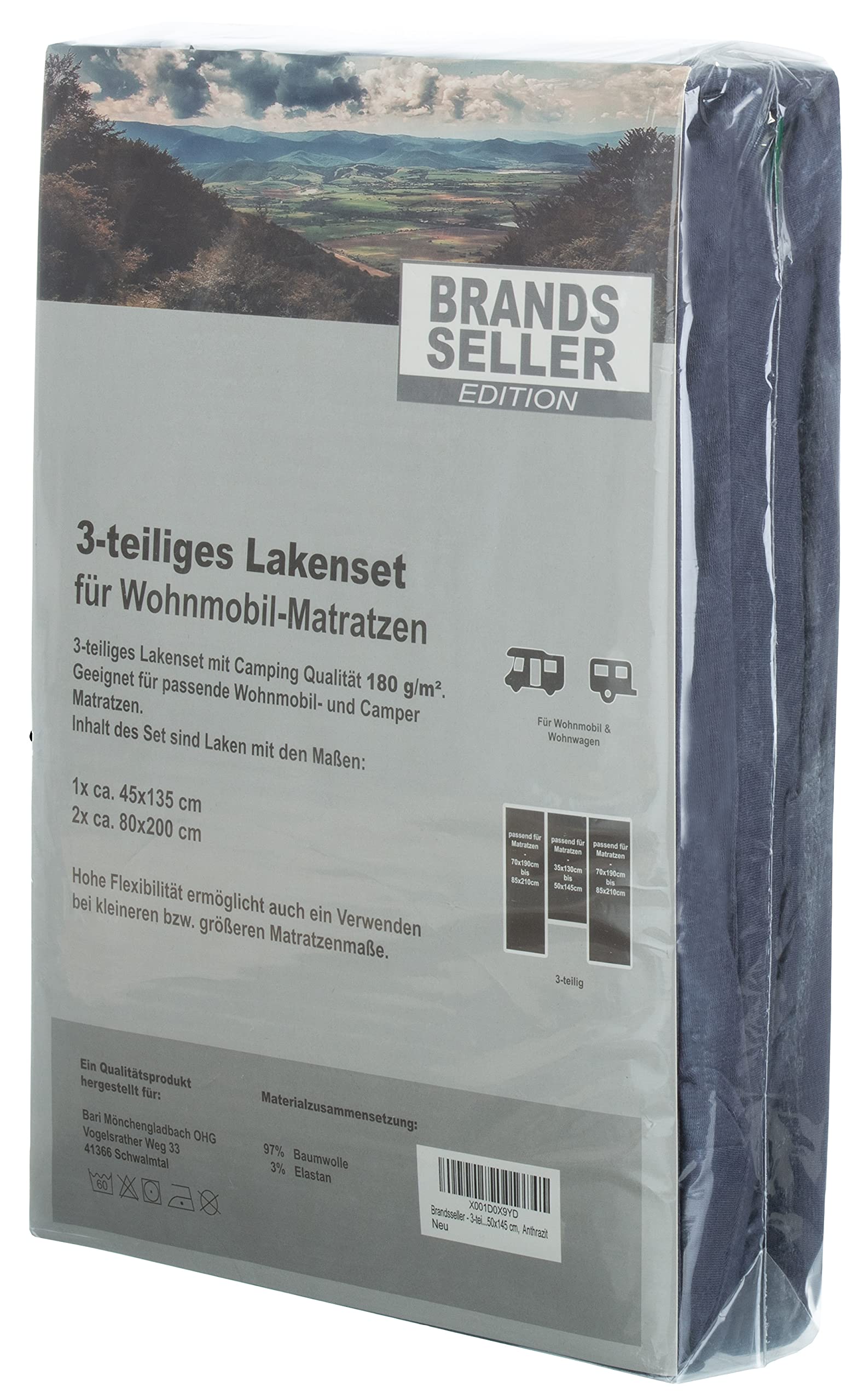 Brandsseller Prześcieradło z gumką, do przyczep kempingowych, kamperów, na kemping, 70 x 190 cm – 85 x 210 cm (2X) i 35 x 130 cm – 50 x 145 cm (1 x) – antracytowe