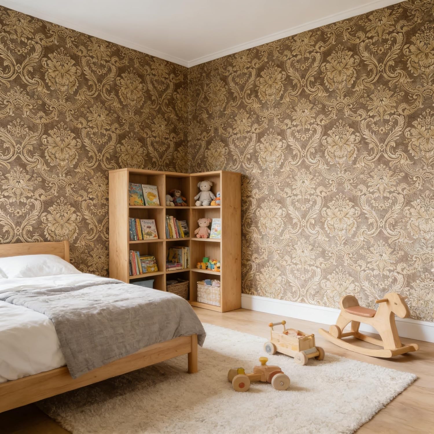 Vintage French Damask Peel and Stick Wallpaper Grayish Brown Thickened Removable Self Adhesive Wall Paper Design for Walls Bathroom Bedroom Home Decor 17.7in x 118in Renter Friendly Wallpaper