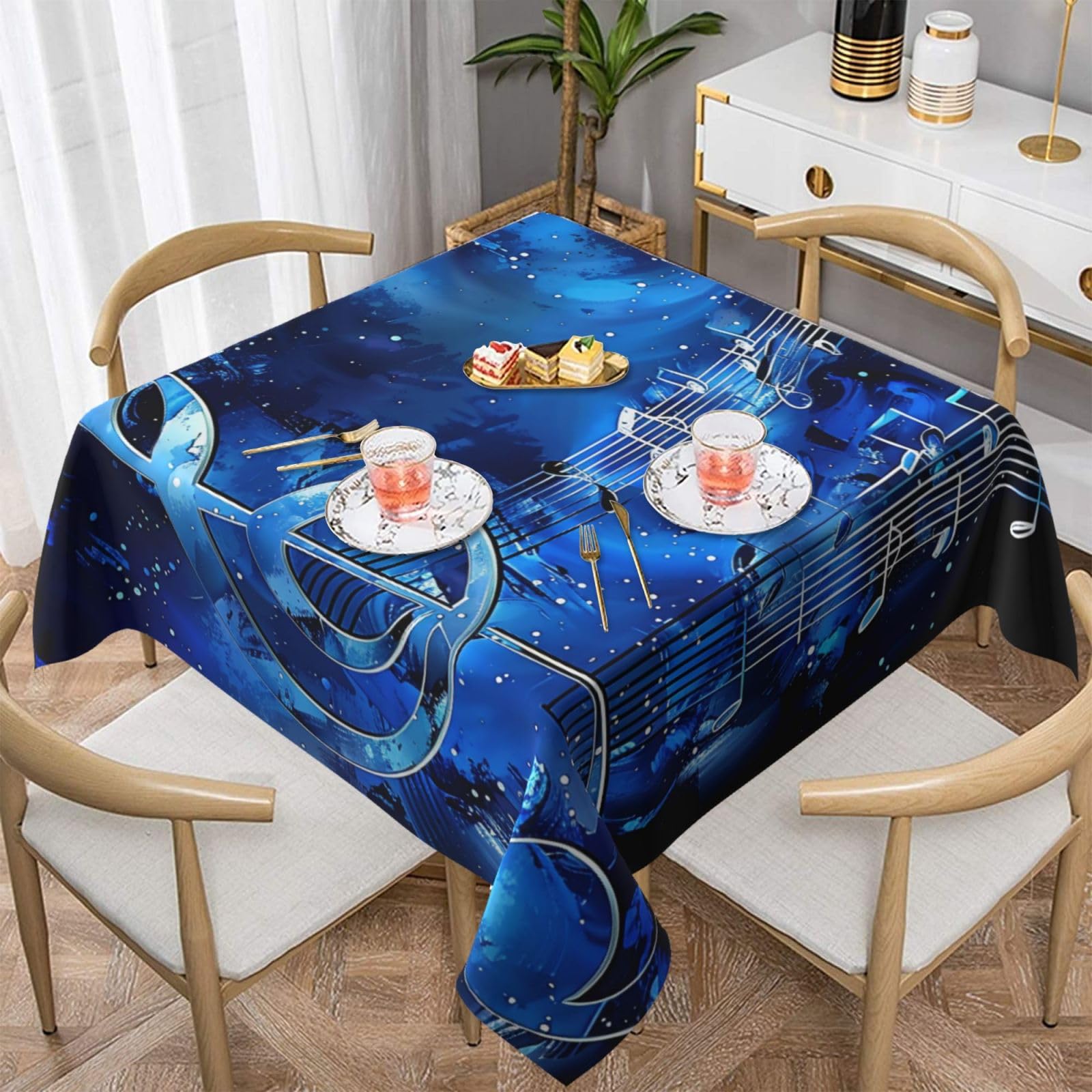 WPKJU Blue Music Printed Square Tablecloth 54x54 inch Water Resistant Table Cover Washable Rectangle Table Cloth for Dining Tables