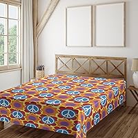 Vista 2 de Ambesonne Hippie Flat Sheet, Psychedelic of Pacifism and Peach Flowers Cheerful Colors Joyful People Peace, Soft and Comfortable Top Sheet