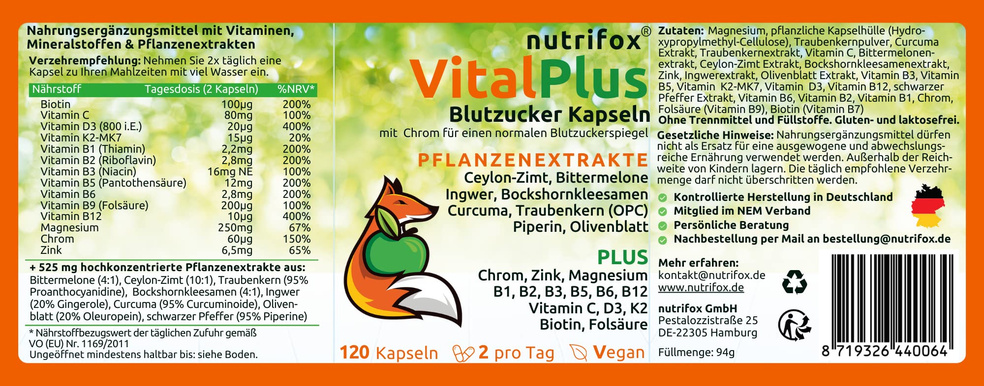 60 Blutzucker Kapseln Vital Plus (Ceylon-Zimt, Chrom, Zink, OPC, Bittermelone, Bockshornkleesamen, Kurkuma, Ingwer, Vitamin B-Komplex, usw.) 1 Monat, von Beratern für Diabetes