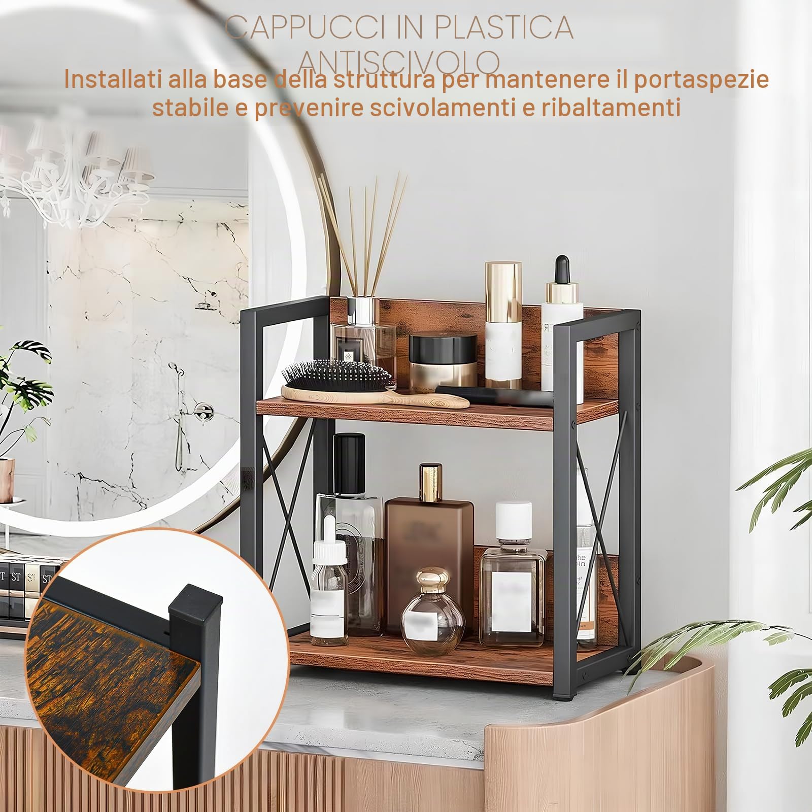 Scaffale Salvaspazio Cucina a 2 Ripiani,Scaffale da Appoggio a Metallo e Legno,Mensola Cucina Salvaspazio,Supporto Porta Spezie da Appoggio a 2 Livelli per Sala da Pranzo, Ufficio
