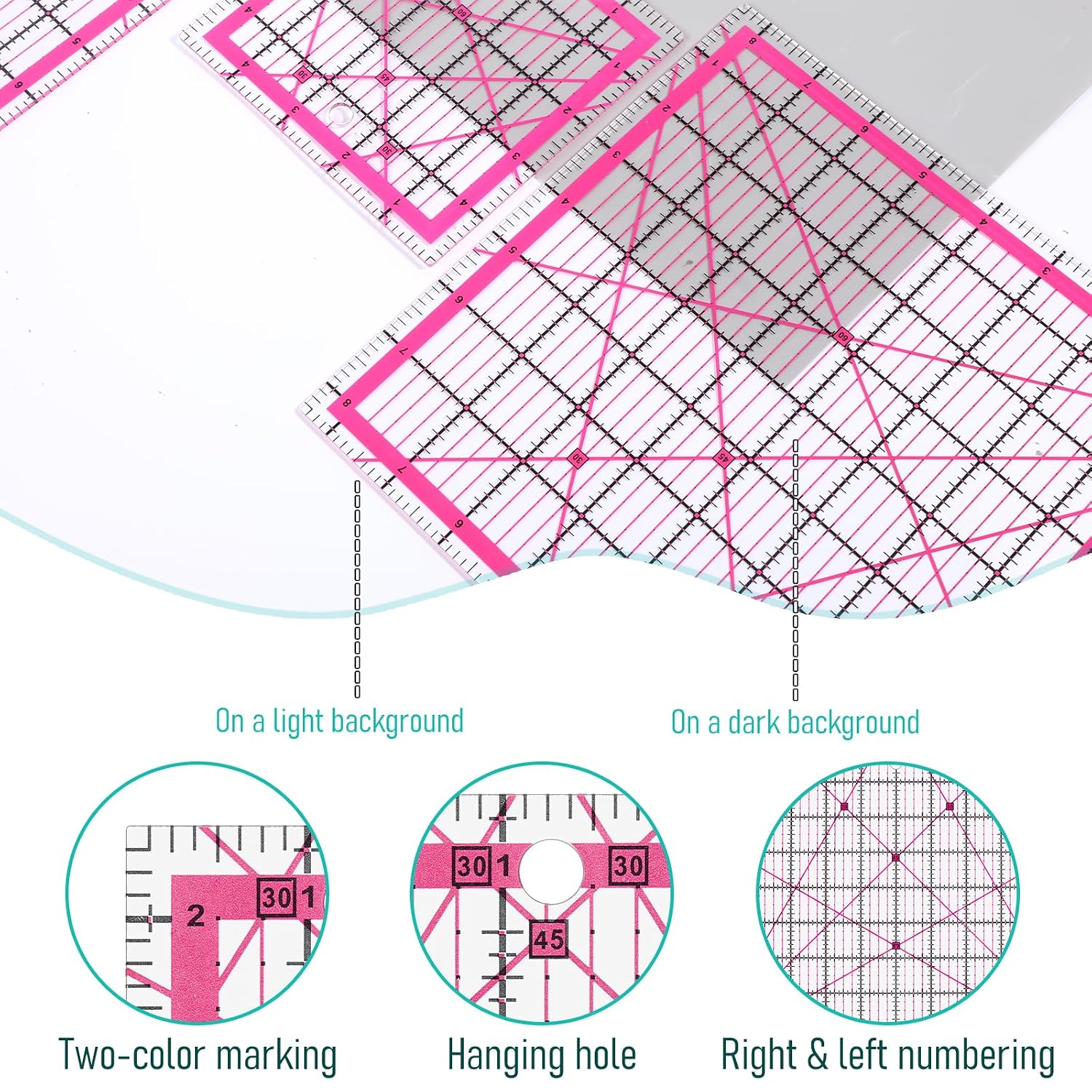 Quilting Rulers (2.5",3.5",4.5",5",6",7",8.5",9",10",12"), 10 Square Quilting-Templates with Anti-Slip Mat, Quilting-Ruler Acrylic Rulers for Quilting and Sewing, Pink