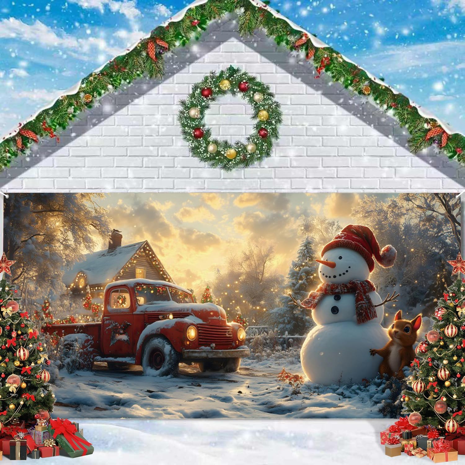 ChloropLastid Christmas Garage Door Decorations Background Snowman Winter Garage Door Cover Wall Hanging Xmas Garage Christmas Party Indoor Outdoor Decor Banner 13x6ft