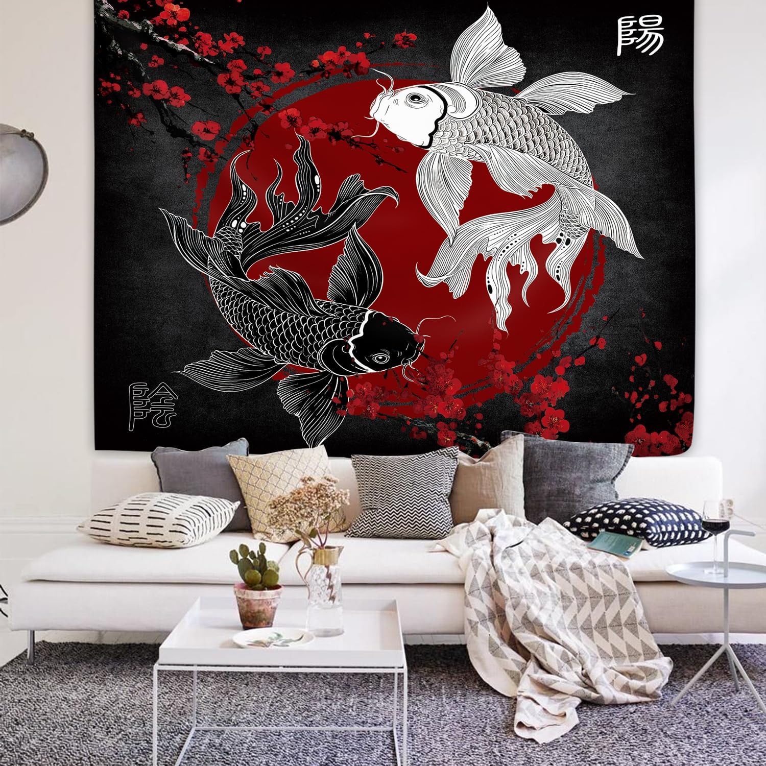 Yin Yang Koi Fish Tapestry 59W by 51H Inch Wall Hanging Black Red Chinese Traditional Japanese Asian Oriental Bedroom Living Room Dorm Polyester Fabric Home Decor