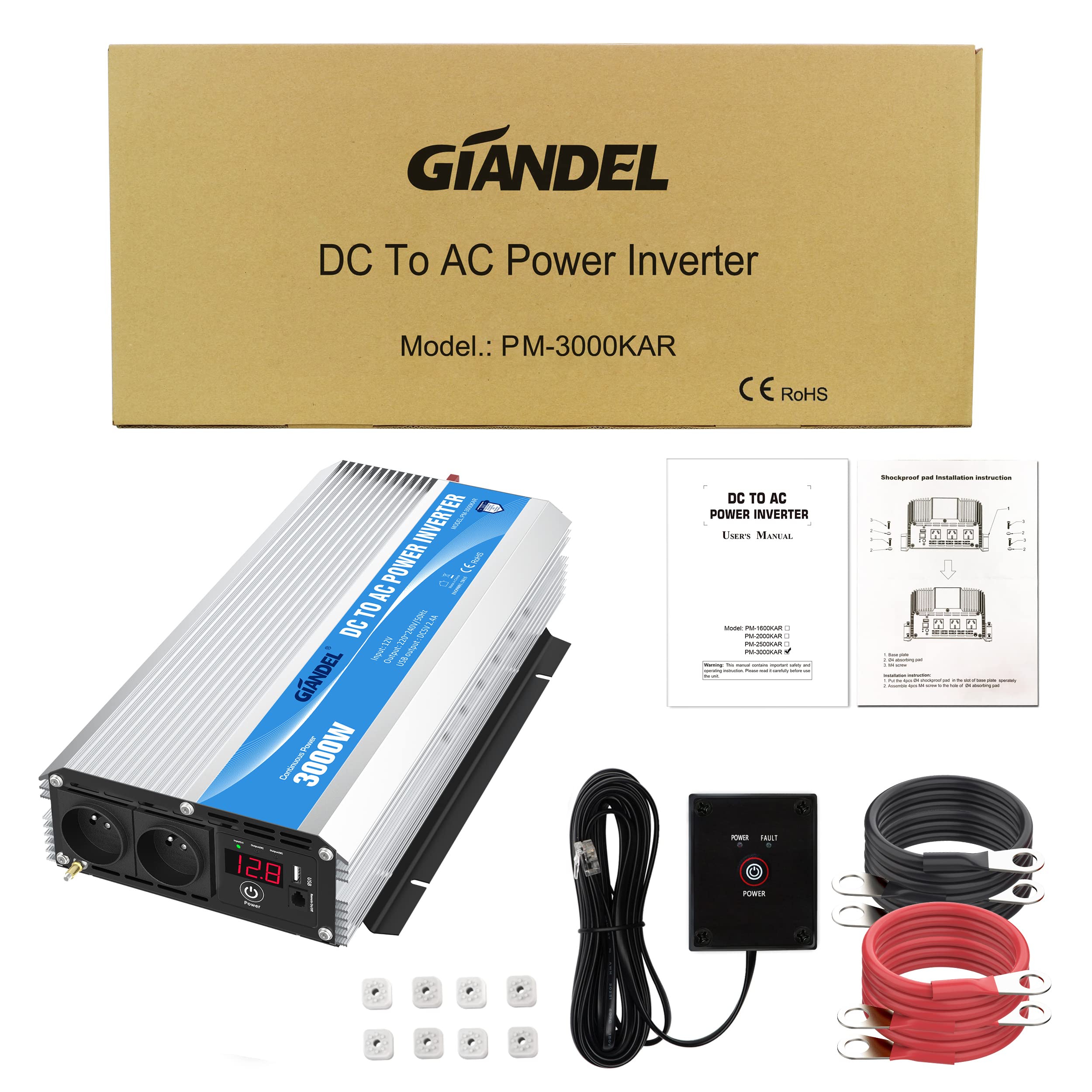 GIANDEL Convertisseur 12V 220V 3000W Onduleur à Onde Modifiée Transformateur Compatible Lithium-Batterie pour La Maison, RV, Camion, Hors Réseau Solaire avec 30 Pieds Télécommande Affichage LED