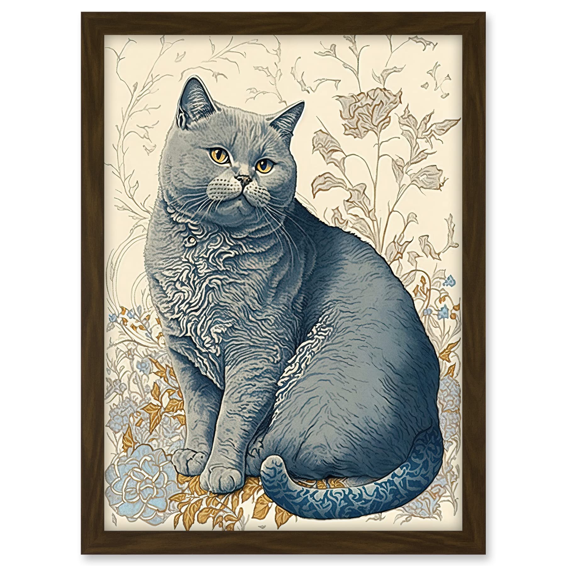 Artery8 William Morris Inspired Cat Portrait with Flowers Modern Illustration Artwork Framed A3 Wall Art Print