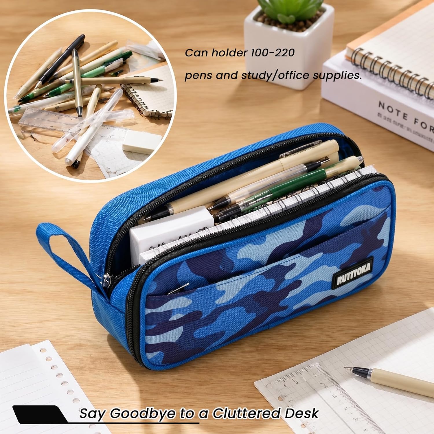 Large Pencil Case Pouch, Pencil Bag with 3 Compartments for Kids, Camouflage Pen Bag with Zipper, Pencil Organizer, Cute Aesthetic School Supplies for Teen Girls Boys Adults Blue