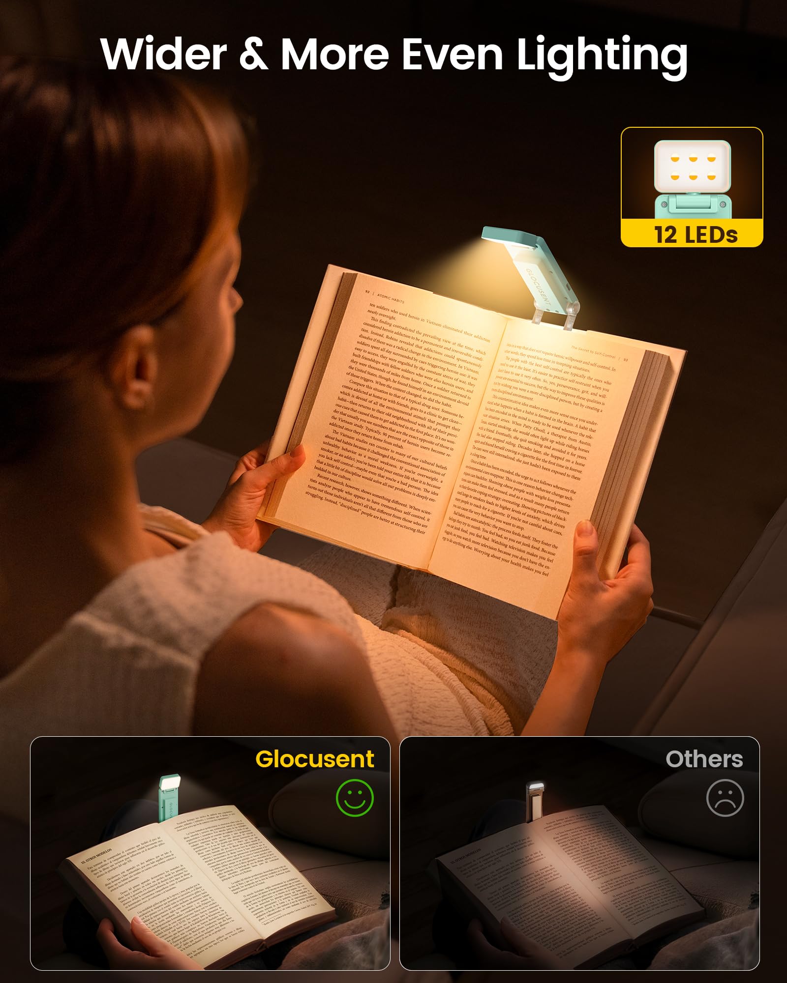 Glocusent 12 LED Rechargeable Book Light, Clip-on Reading Lamp with 5 Colors & 5 Brightness Levels, Up to 100Hrs Runtime - Image 2