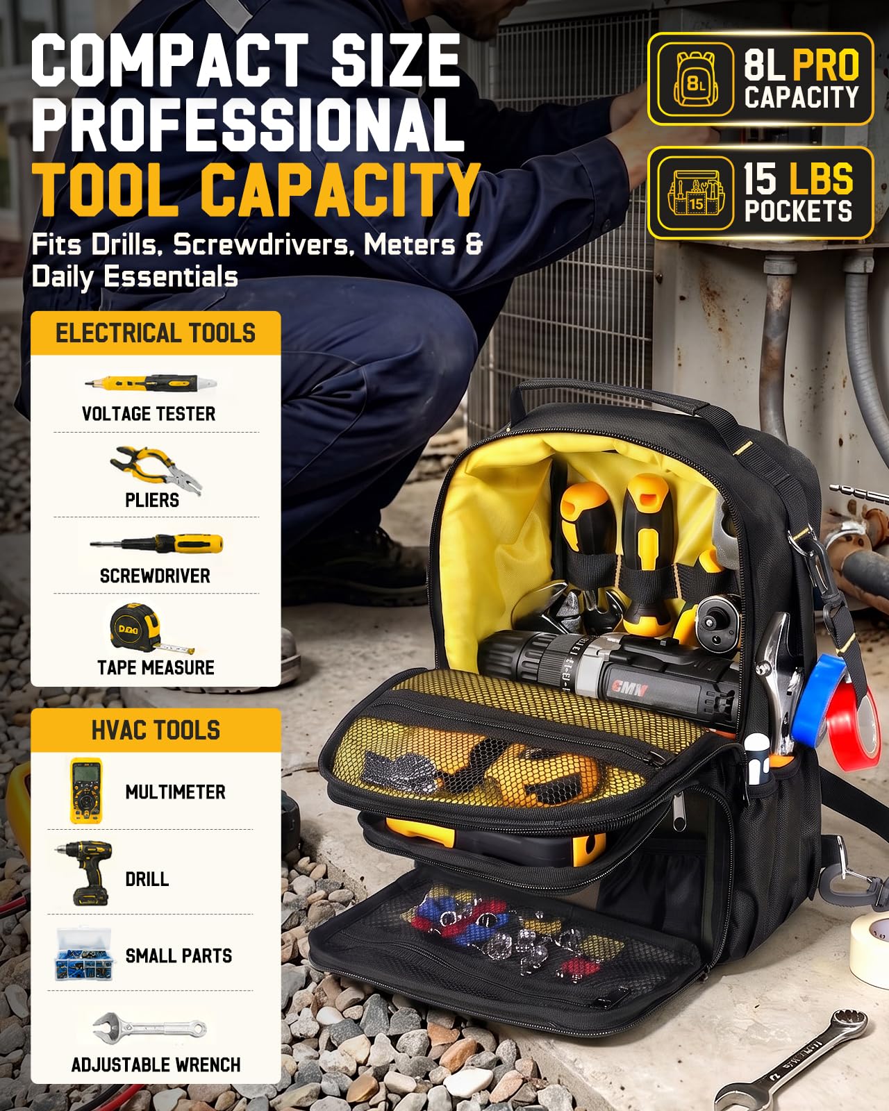 Electrician HVAC Tool Bag for Men, Small Tool Backpack Wide-Opening — Amazon image 4