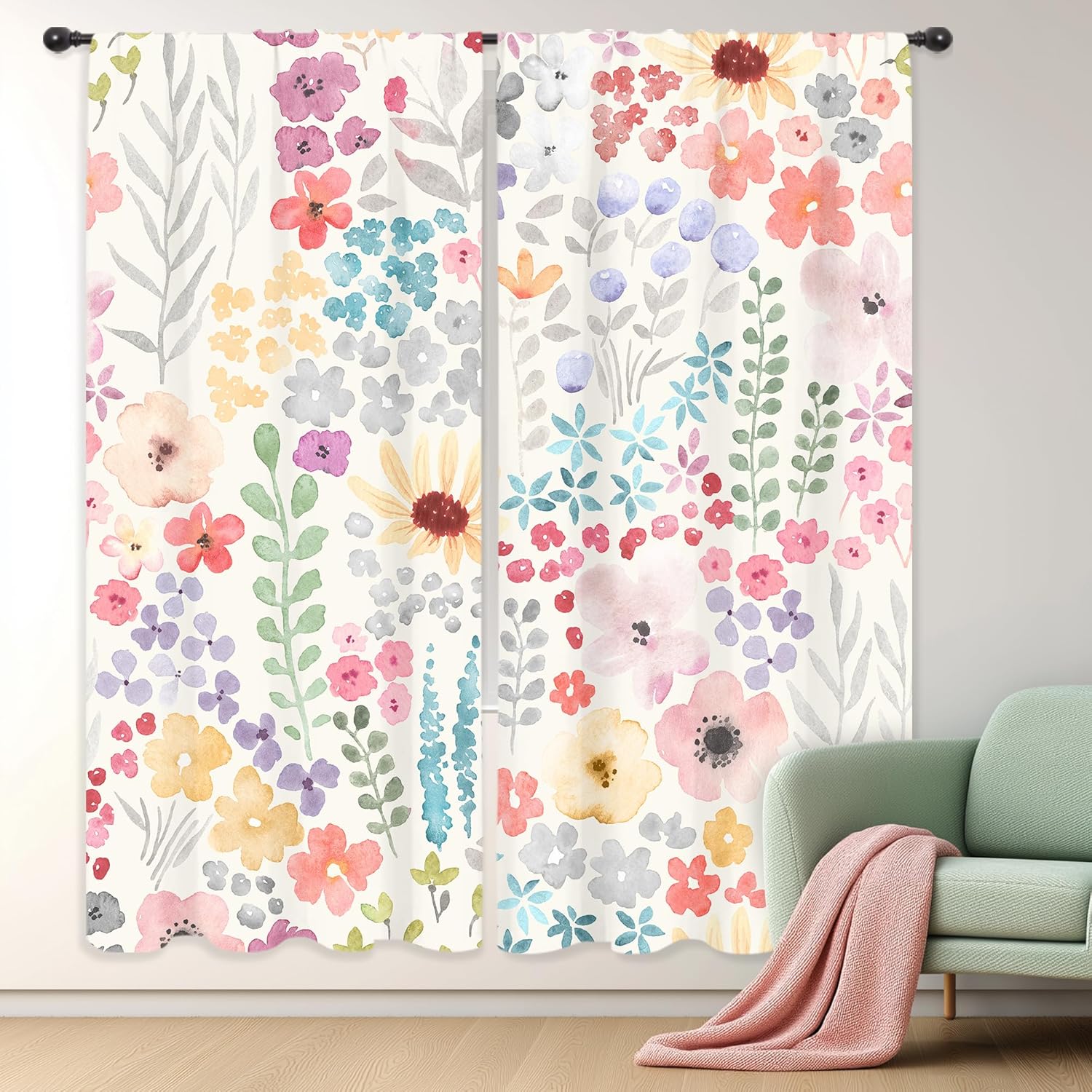 Riyidecor Colorful Floral Curtains Pink Cute Boho Wildflower Watercolor Plant Leaves Botanical Trendy Rod Pocket Pretty Aesthetic for Girls Bedroom Living Room Treatment Fabric 2 Panels 42Wx45H Inch