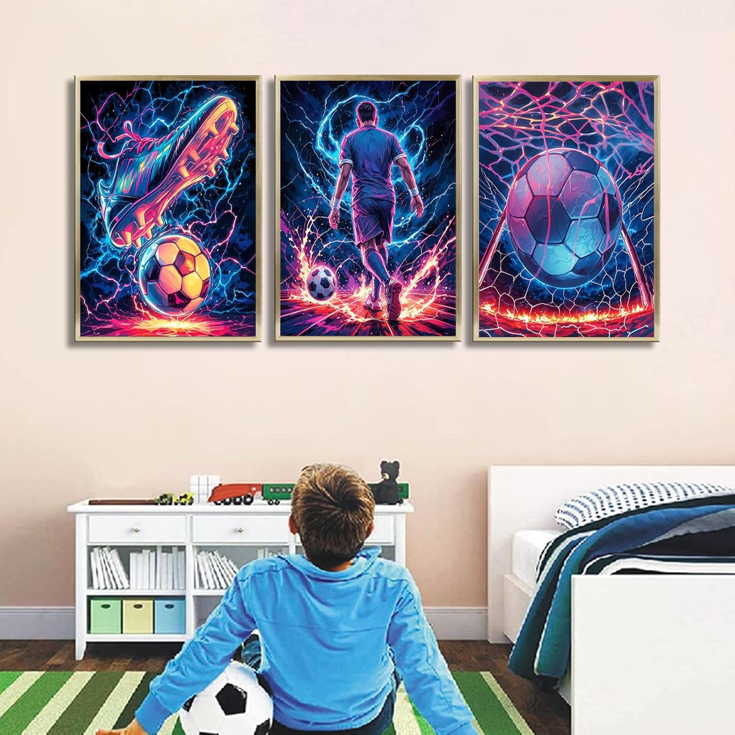 3Pcs Cool Soccer Wall Art Abstract Soccer Sneakers Posters Prints Paintings Neon Boys Football Themed Bedroom Wall Decor Artwork for Boys Room Teen Kids Playroom Decoration 12x16in - Image 3