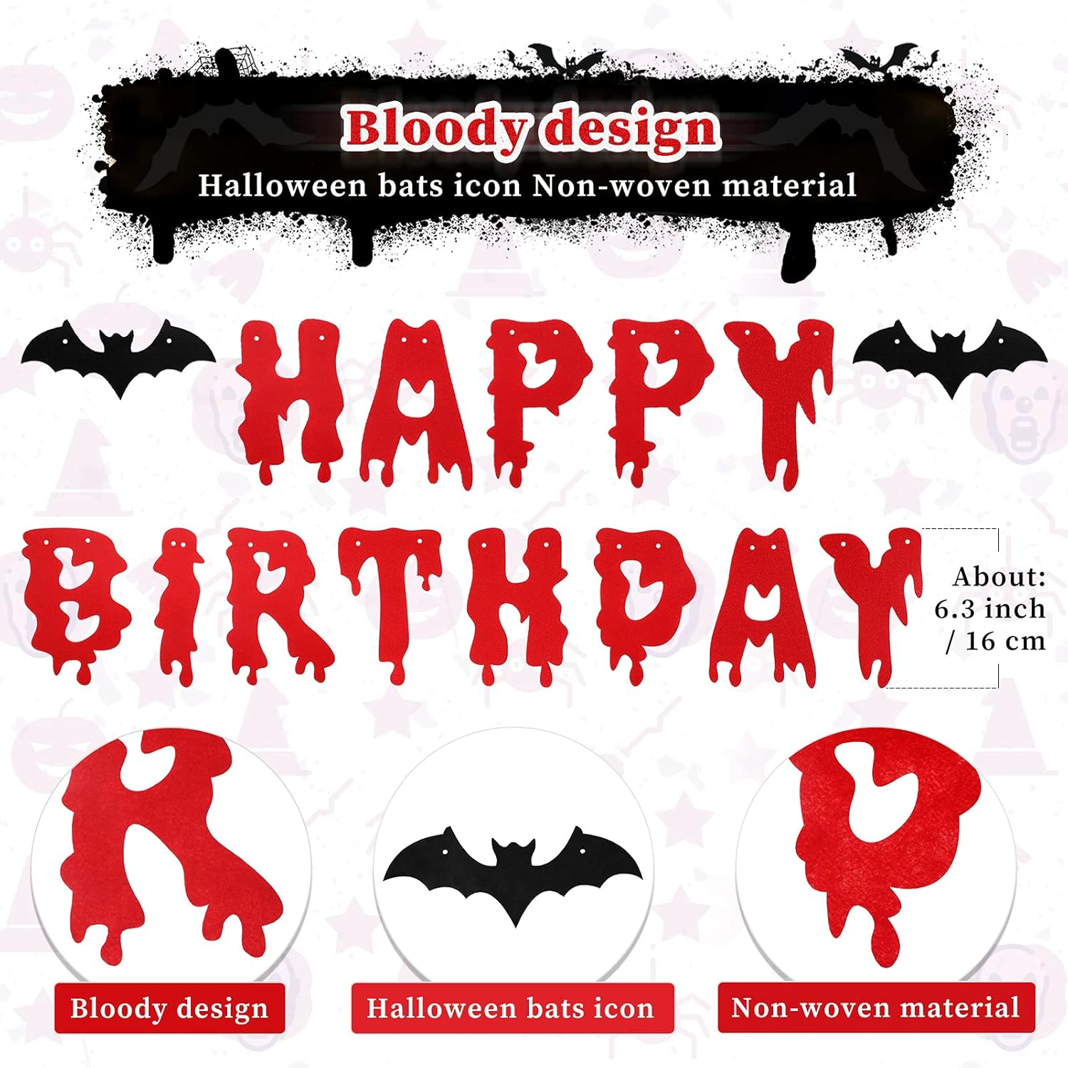 Happy Birthday Halloween Banner Scary Horror Bloody Birthday Banner and 36 Pieces PVC 3D Scary Bats Wall Decals Vampire Zombie Banner for DIY Halloween Party Birthday Party Decorations