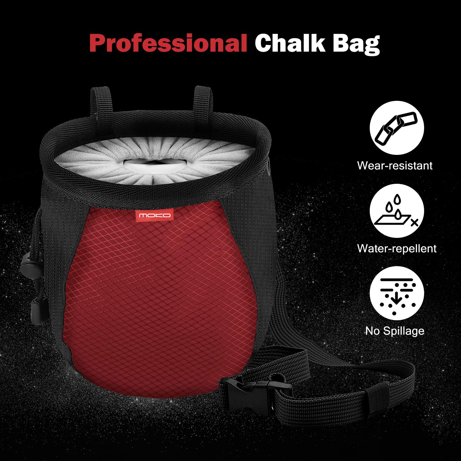 Moko Bolsa de Magnesia para Escalada con Cinturón Ajustable y Bolsillo Cremallera