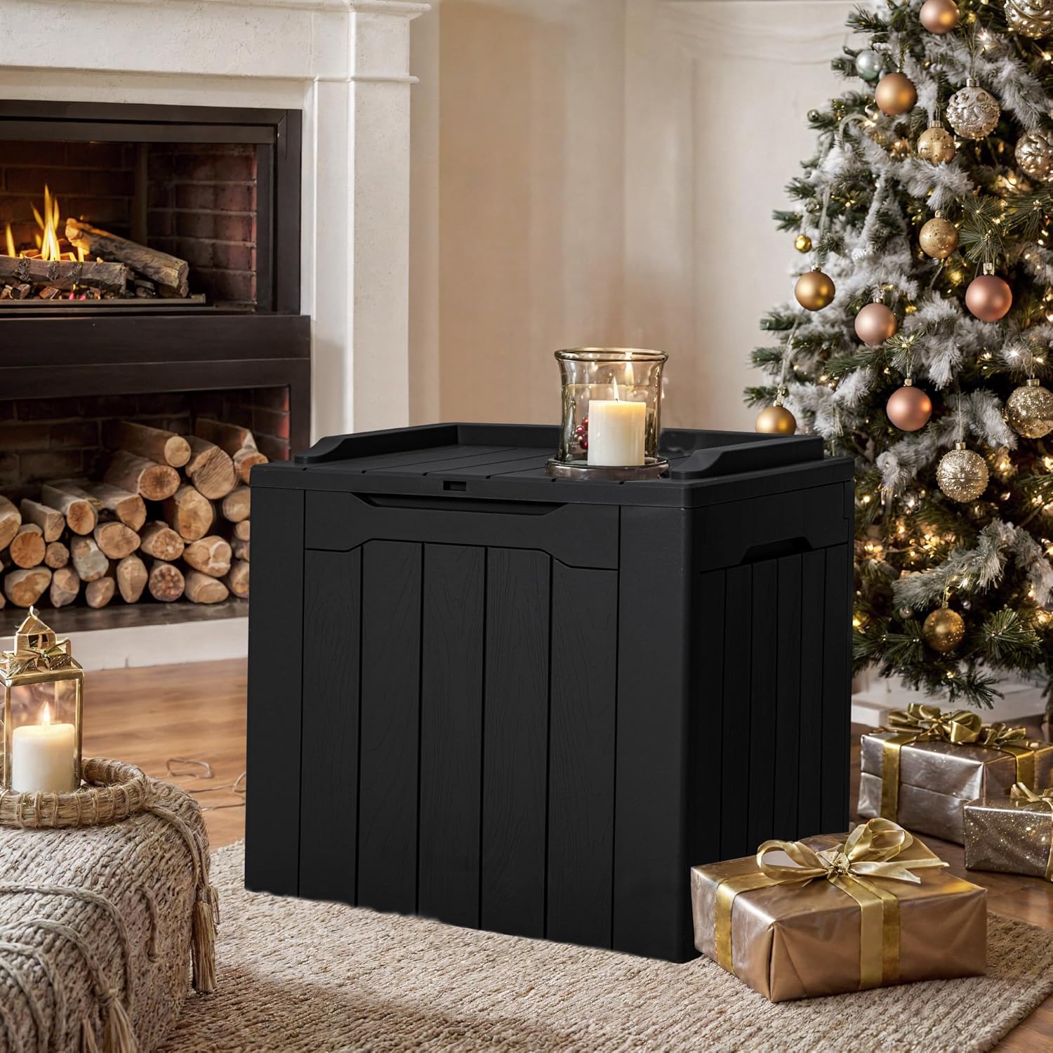 GUNJI 30 Gallon Small Deck Box Outdoor Waterproof Resin Storage Box Lockable Storage Container Outside Package Delivery Box (Black)