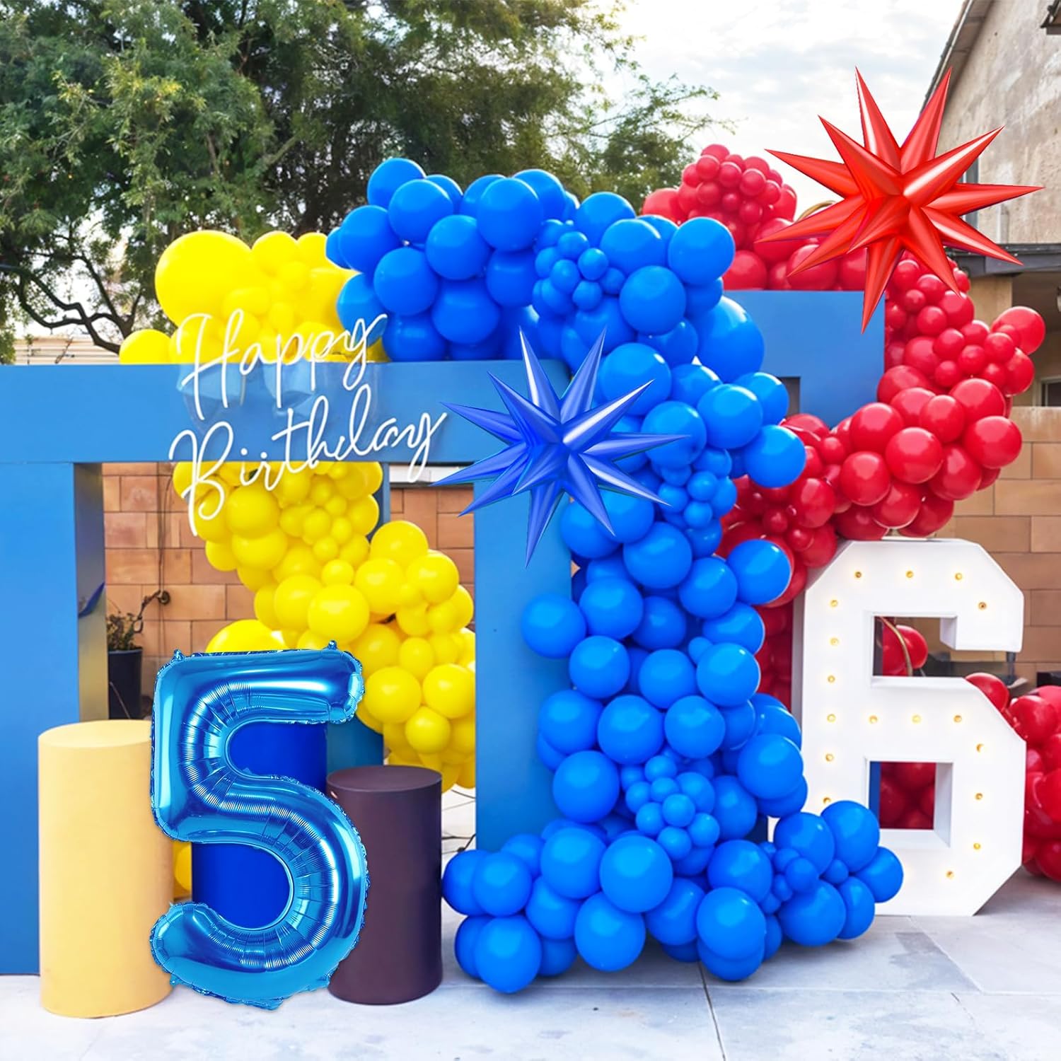 Red Yellow Blue Balloon Garland Arch Kit with Navy Blue 40 Inch Number 5 Balloon, 5th Birthday Decorations for Boy with Star Foil Balloons for 5 Year Old Theme Party Baby Shower Graduation - Image 4