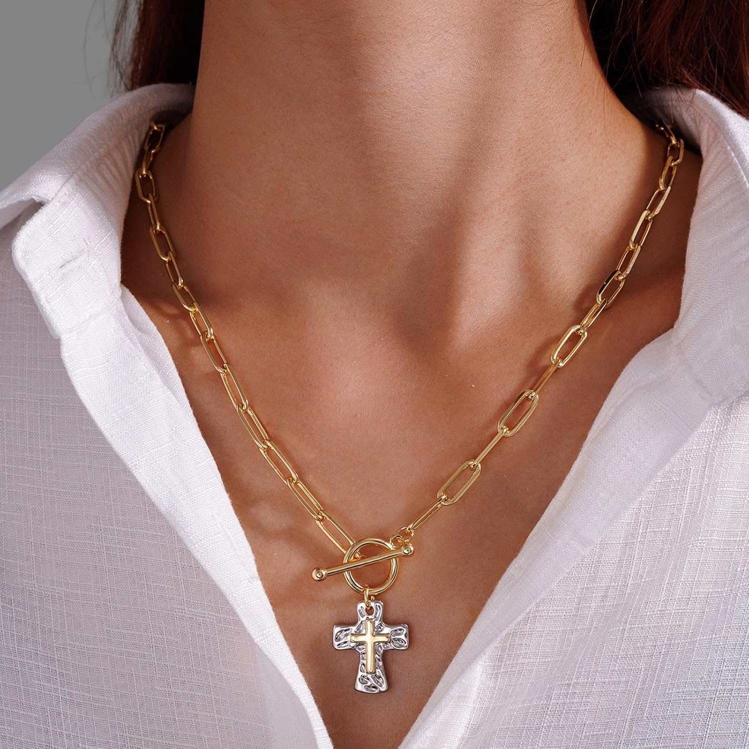 Chunky Cross Necklace for Women, 14K Gold/Silver Plated Statement Paperclip Chain Double Cross Pendant Necklaces Non Tarnish for Faith Religious Christian Jewelry Gifts - Image 3