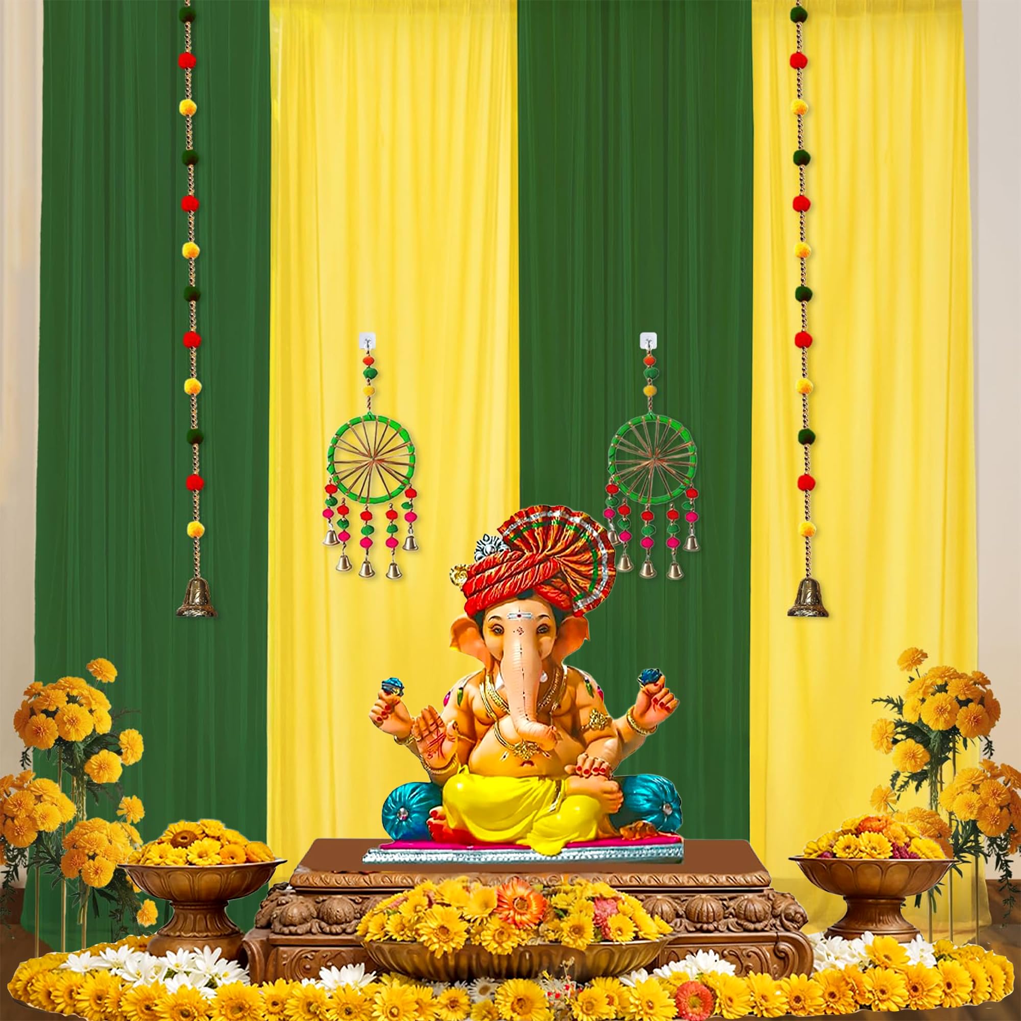 Party Propz Green and Yellow Backdrop for Decoration with Pom Pom Hangings, Backdrop for Pooja Decoration, Haldi Decoration Items for Home, Mehendi Decoration Setup, Festive Backdrop (12Pcs) (Satin)-image-24