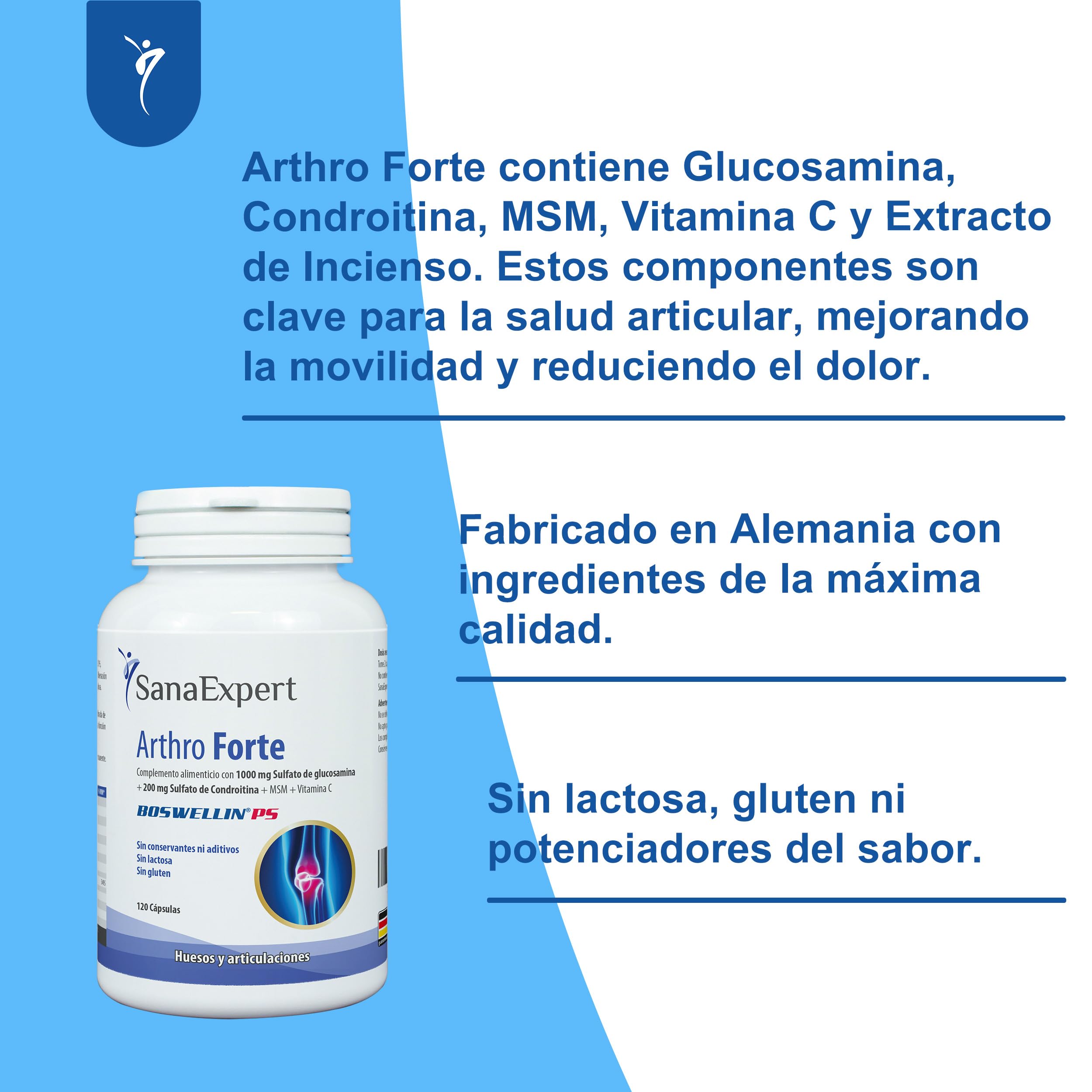 SanaExpert Arthro Forte - Suplemento Natural para la Salud de las Articulaciones y Huesos con Sulfato de Glucosamina - 120 Cápsulas - Fabricado en Alemania