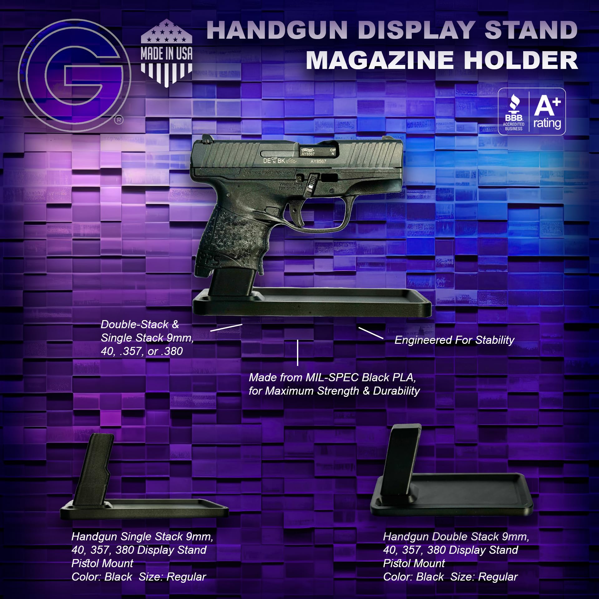 GUNCREED Pistol Display Stand - Made in USA, Durable and Stable Hand Gun Stand for Pistols Mounting - Pistol Stand Ideal for Gun Collectors (Double-Stack Handgun - 9mm, .40, .357, and .380 (Black))