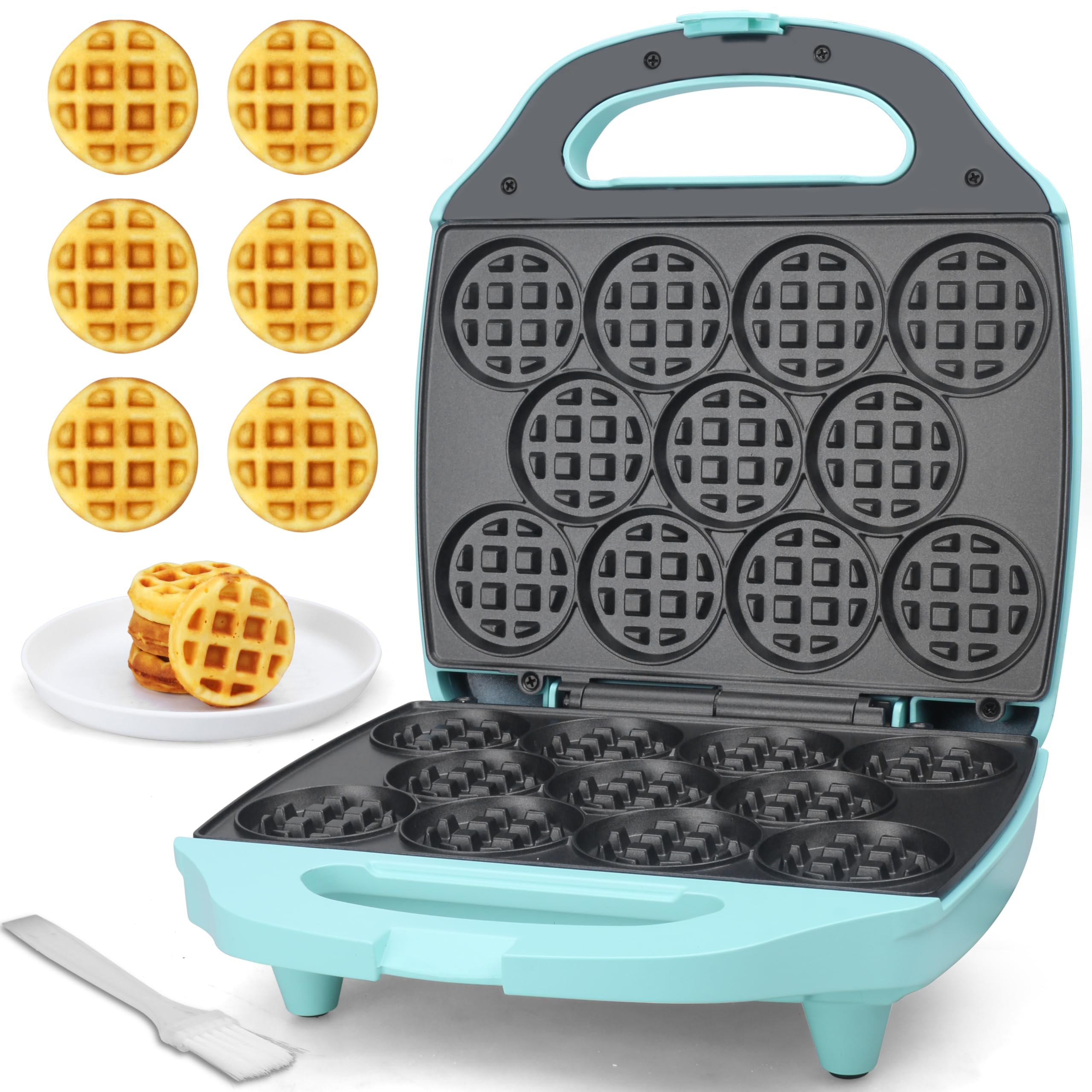 Baker's Friend, Bite-size Mini Waffle Maker for Kids & Adults, Small Waffle Maker Mini Belgian Waffle Machine, 11 X 5.5cm Tiny Nonstick Waffles Iron, Recipe Included, Aqua, Australian Plug
