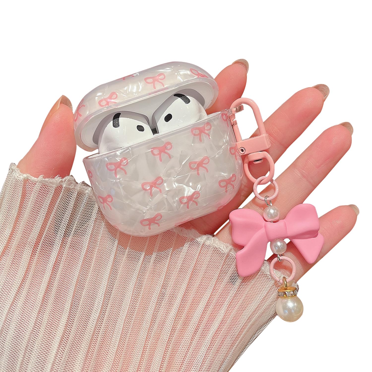 MINSCOSE for Cute Glitter AirPods 4 Case,Shell Pattern Bow Ribbon Trendy Design with Bowknot Pearl Keychain,Protective Shockproof Cover for Apple Airpods iPod 4th Generation for Women Girl-Pink