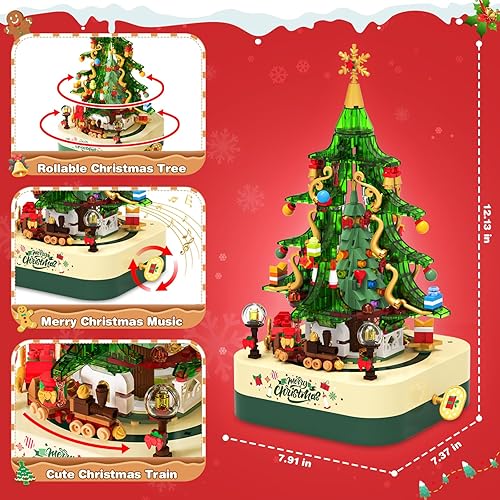 Miniatura 2 de Shemira Juego de 594 piezas de bloques de construcción de árbol de Navidad, caja de música giratoria para árbol de Navidad, juegos de construcción